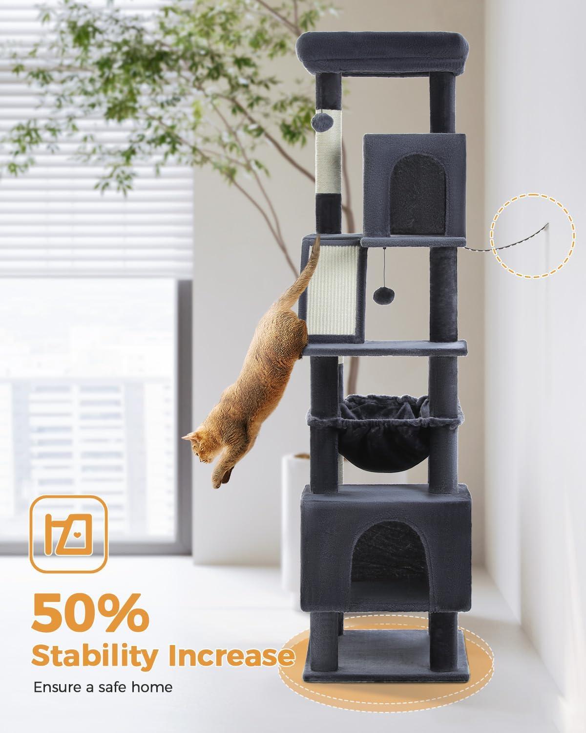 Cat Tree For Large Cats, 71" Tall Cat Tower, Large Cat Tree For Indoor Cats, Multi-Level Cat House Furniture With 2 Big Condo Pad Bed, Cozy Hammock And Sisal Scratching Posts