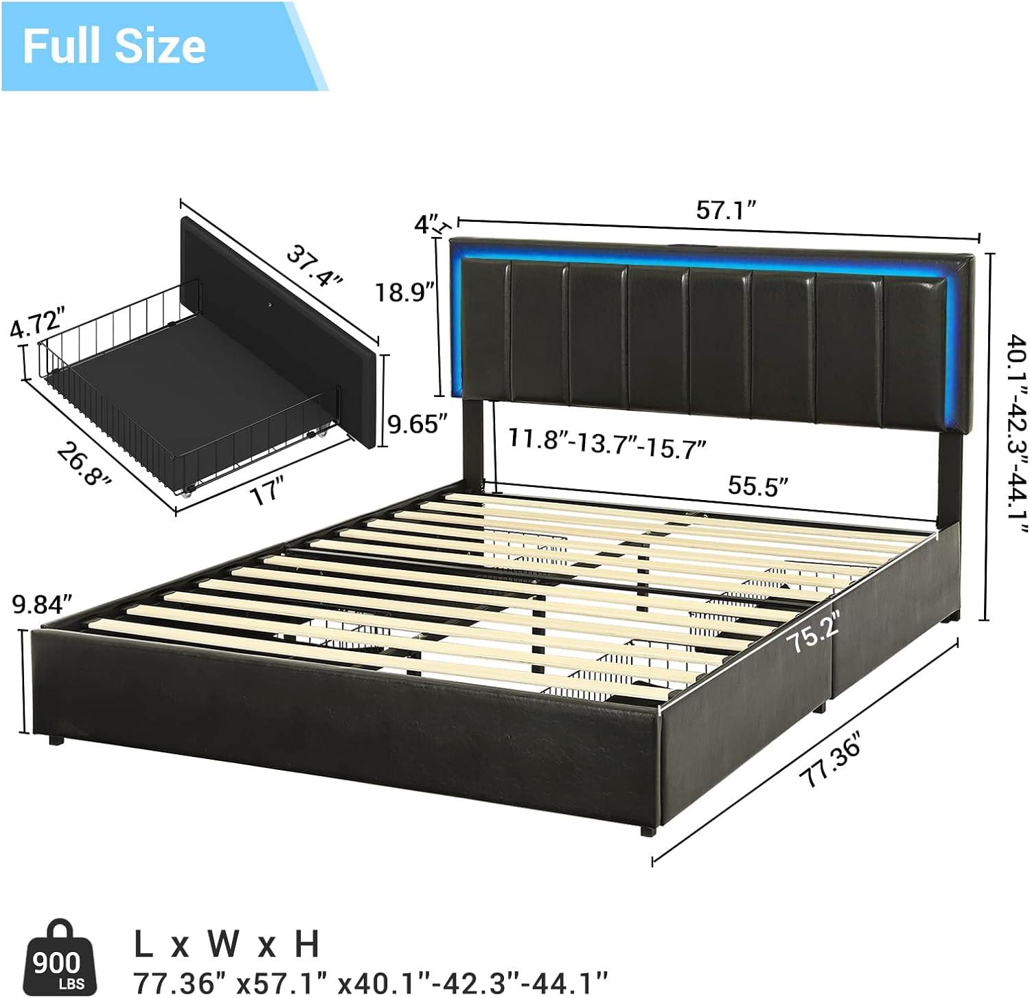 Full Size Led Bed Frame with Charging Station&LED Lights Modern Faux Leather Upholstered Platform Bed Frame with Adjustable Headboard&4 Storage Drawers, Black