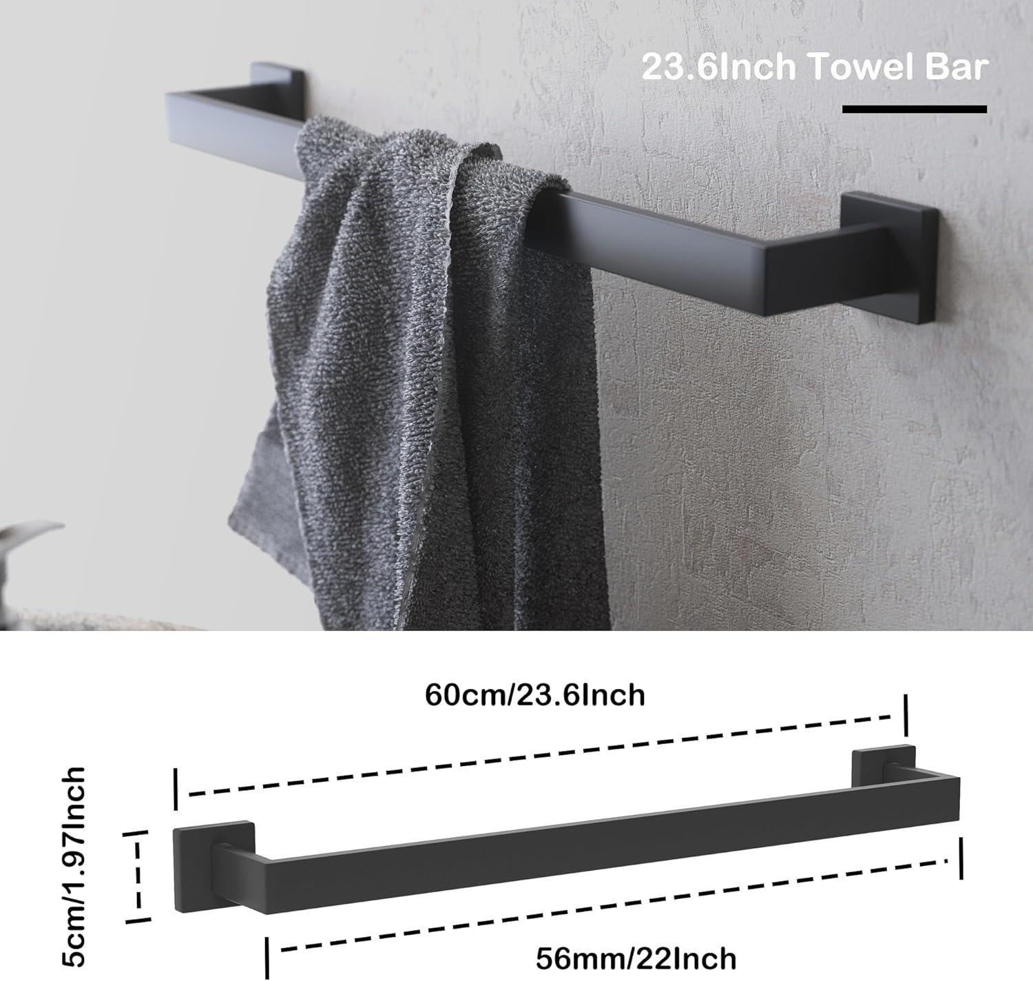 5 Pieces Square Matte Black Stainless Steel Bathroom Accessories Set Include 23.6 in Towel Bar, Toilet Paper Holder, Towel Ring, 2 Robe Towel Hooks