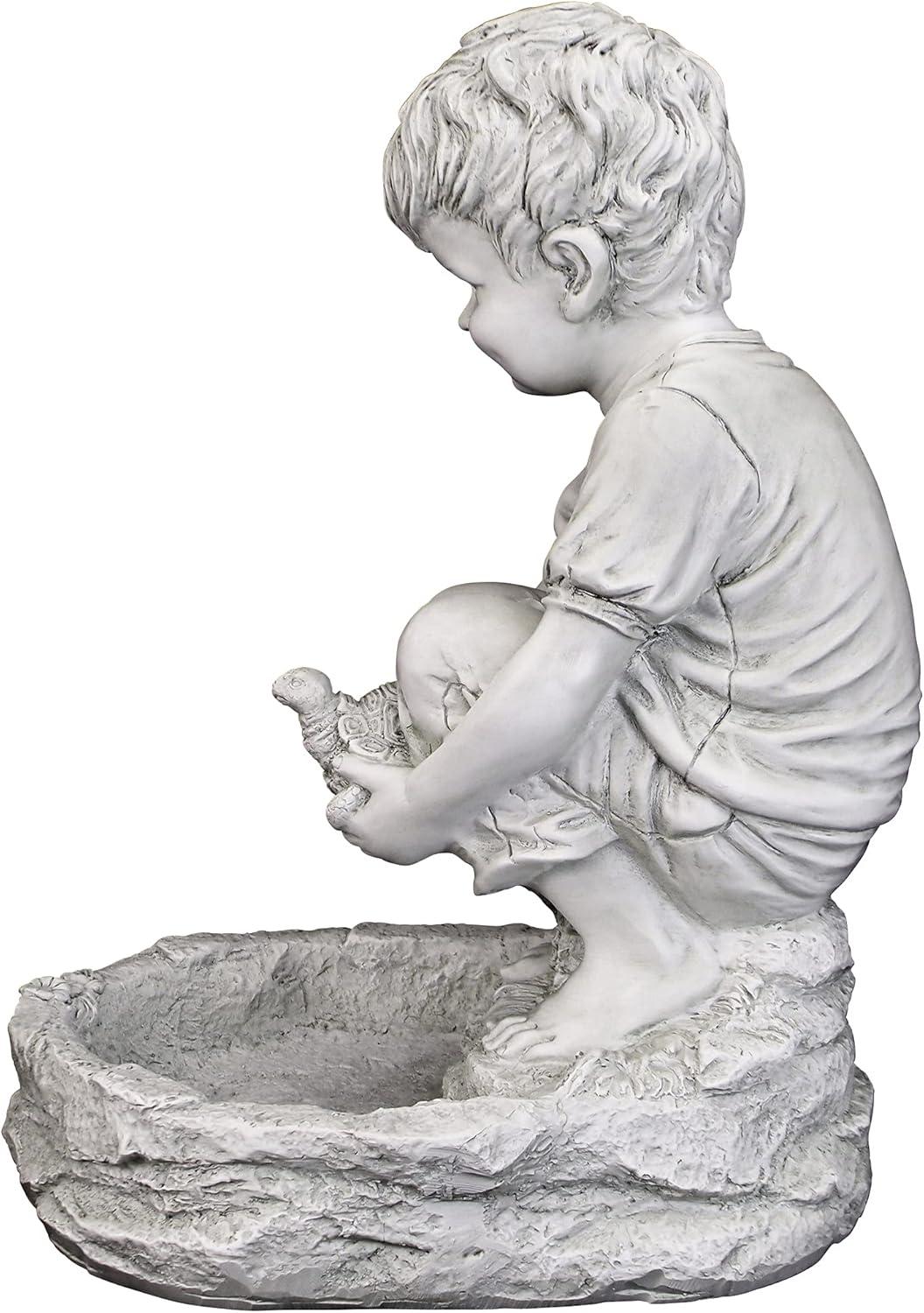 Antique Stone Little Boy with Turtle Garden Statue