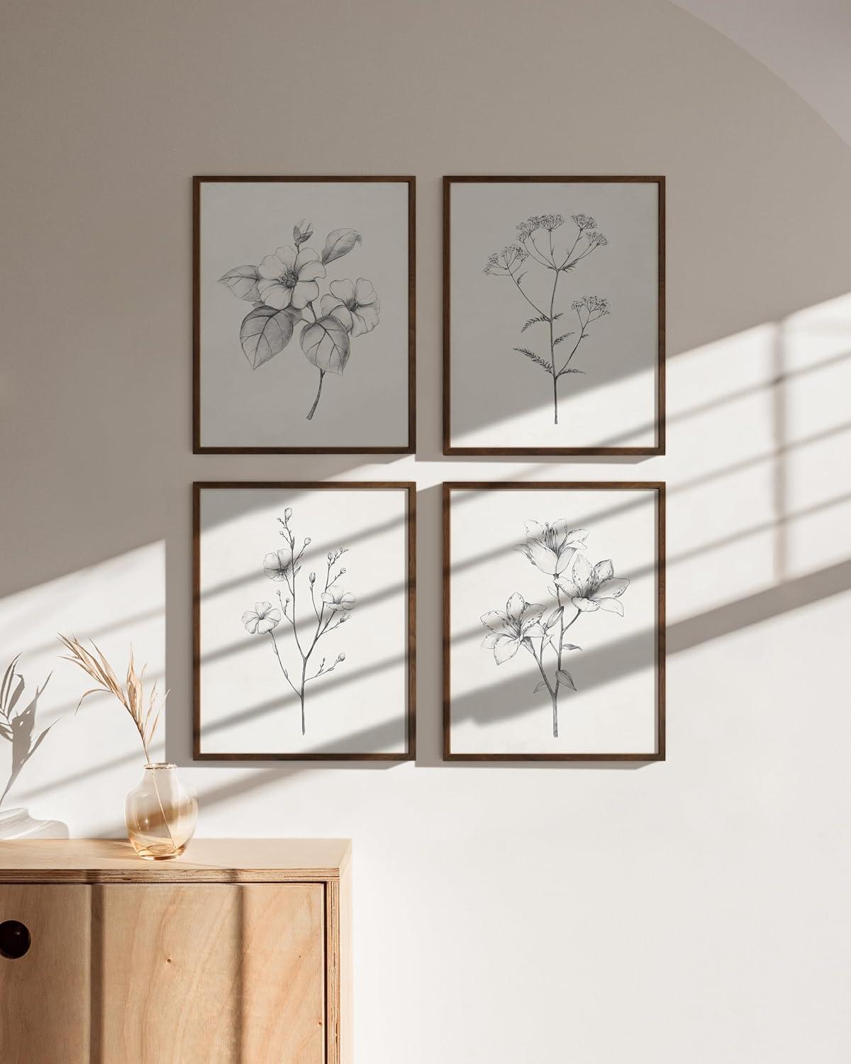 Set of 4 Black and White Botanical Floral Prints with Walnut Frames