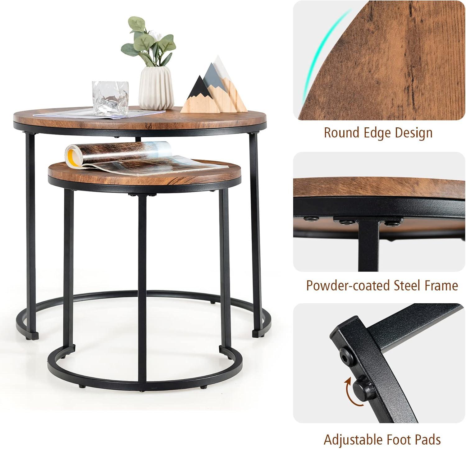 Costway Nesting Coffee Table Set of 2 for Balcony Living Room Modern Round Side Tables Rustic Brown