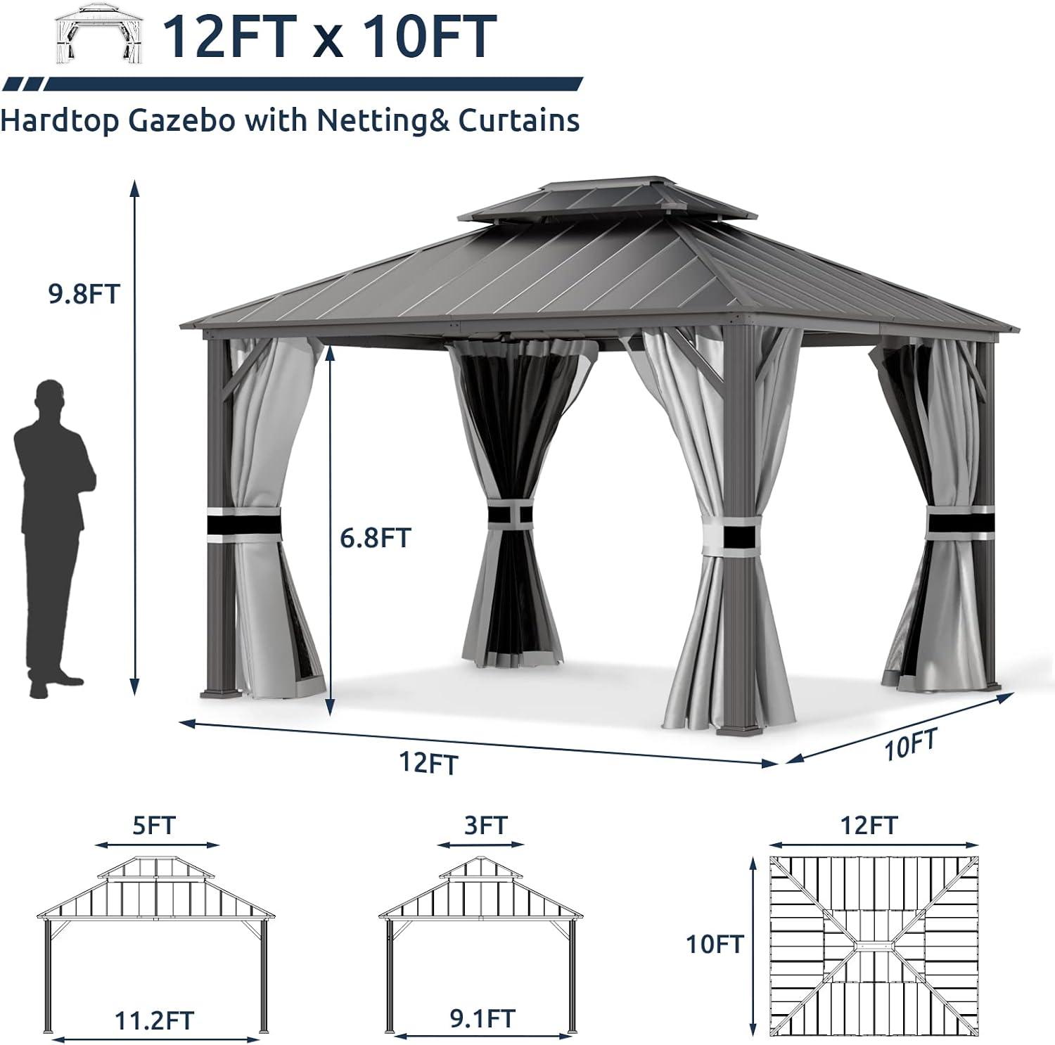 JolyDale 10' x 12' Hardtop Gazebo, Aluminum Frame Permanent Pavilion Double Galvanized Metal Roof with Curtains and Hooks for Garden, Patio, Backyard, Gray