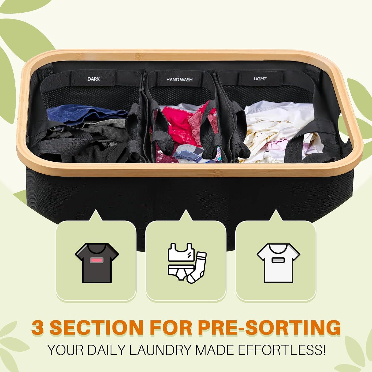 Hampers for Laundry Basket with Lid, 145L Extra Large 3 Section Clothes Divided Organizer for Bedroom, Laundry Room, Dirty Clothing Hamper, Black