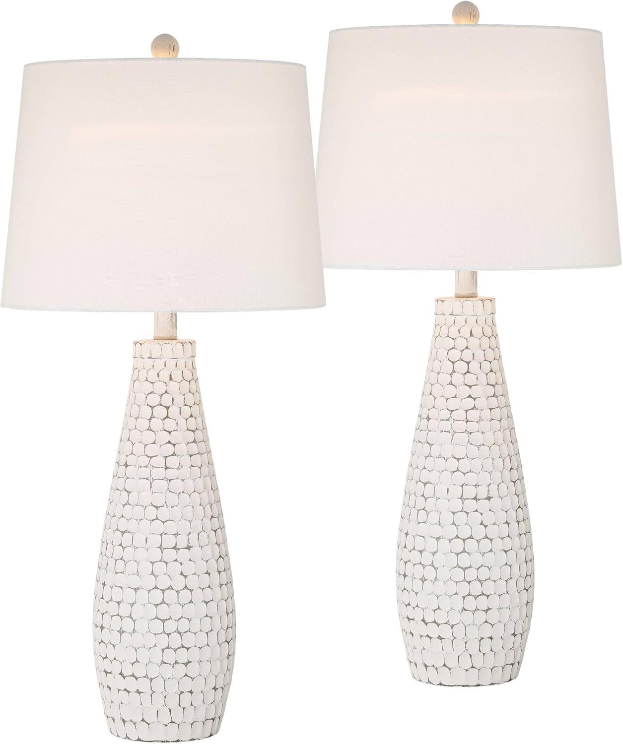 360 Lighting 29 1/2" Tall Modern Coastal End Table Lamps Set of 2 USB Port Whitewash Ceramic White Shade Living Room Charging Bedroom Bedside