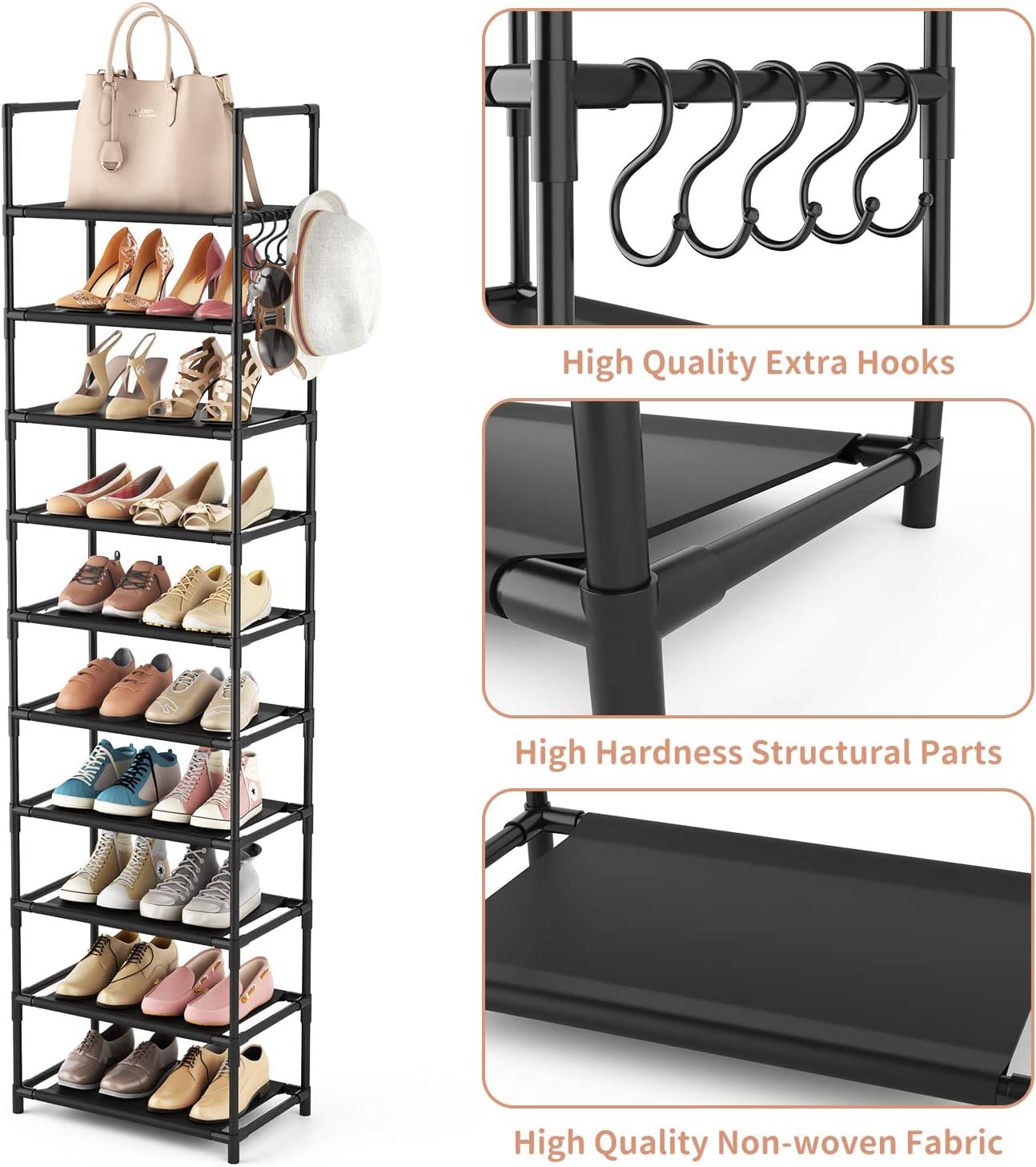 Shoe Rack Organizer, 10 Tier Tall Shoe Rack for Closet Entryway - Holds 20-25 Pairs with Hooks