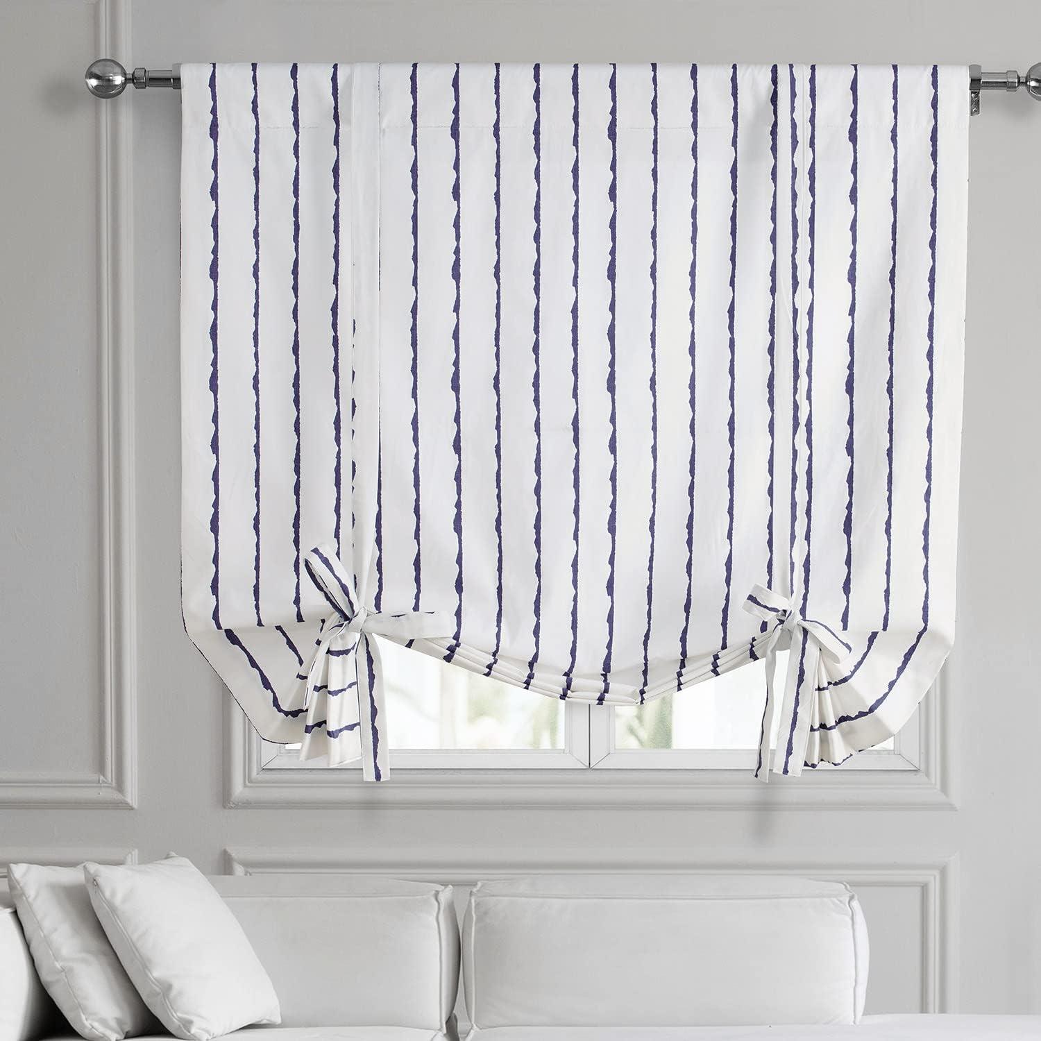 Exclusive Fabrics  Sharkskin Printed Cotton Tie-Up Window Shade (1 Panel) 46 X 63 - Sharkskin Blue Stripe