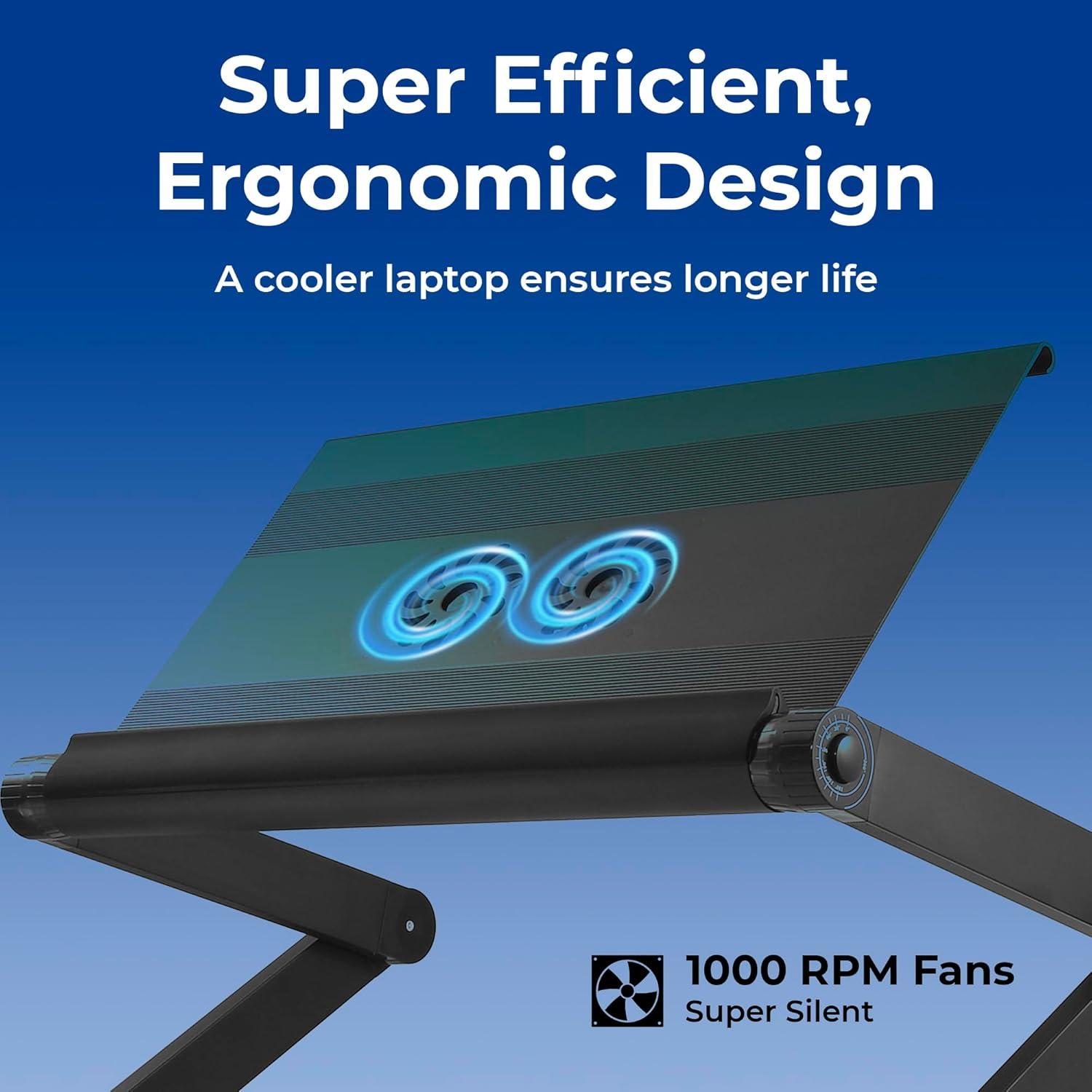WorkEZ Executive Laptop Cooling Stand Adjustable Laptop Desk for Bed foldable laptop stand with FAN USB Ports computer lap desk for laptop holder for bed laptop table ergonomic laptop stand for bed