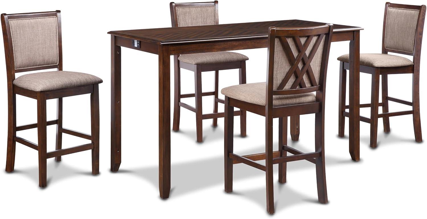 Amy Brown Cherry Rectangular Counter Dining Set with Storage and USB