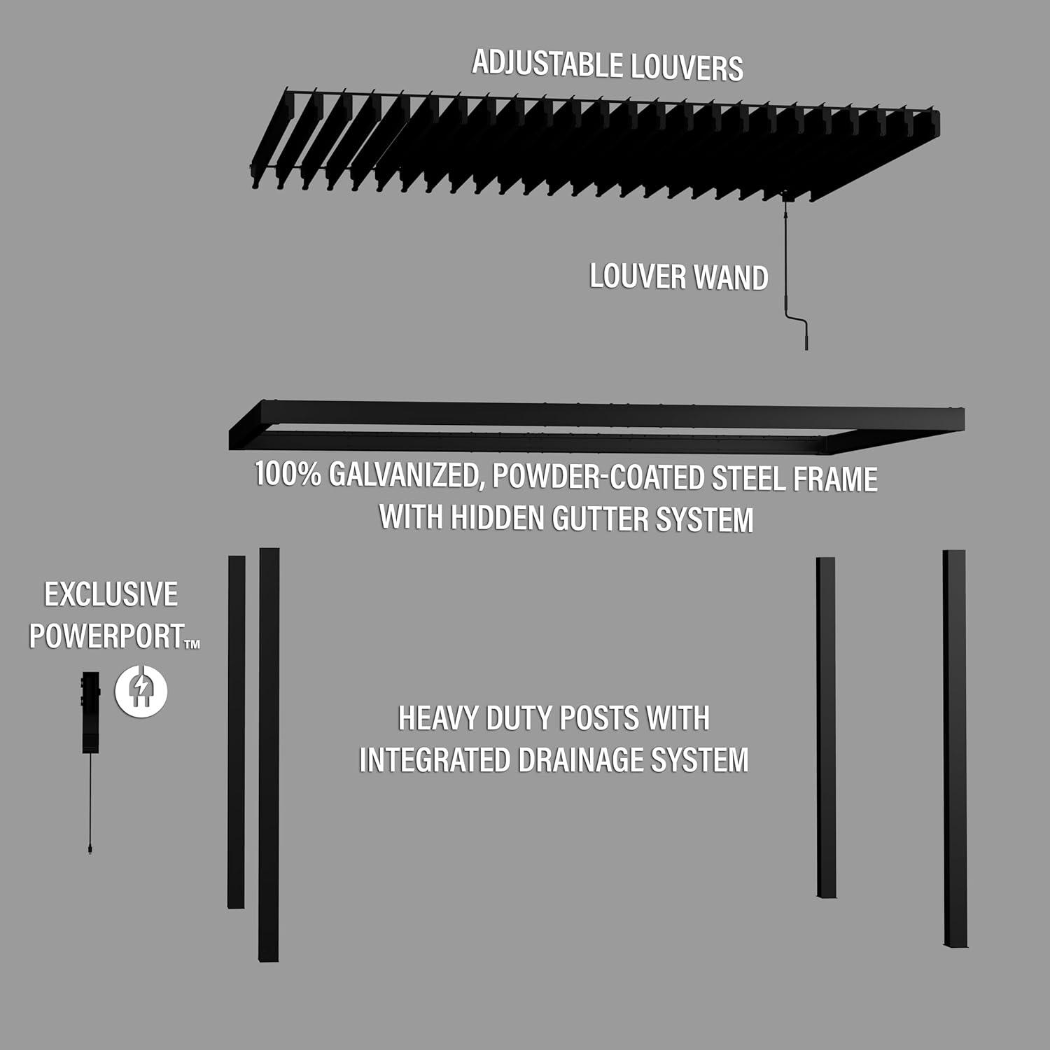 Backyard Discovery Backyard Discovery Sarasota 14' x 10' Galvanized Steel Outdoor Louvered Pergola Kit with Adjustable Steel Roof and PowerPort