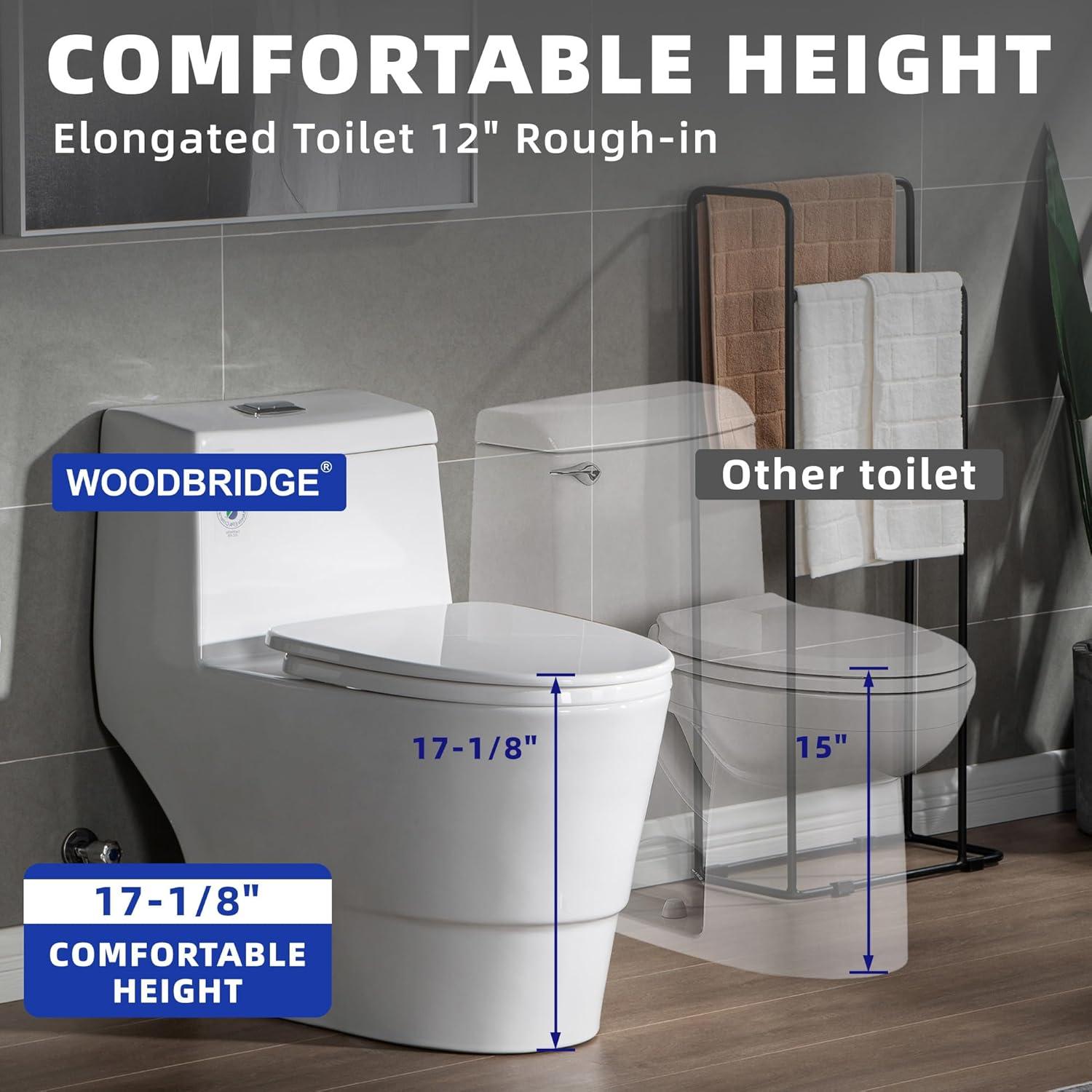 WoodBridge 1.28 GPF Elongated One Piece Dual-Flush Toilet with Soft-Closing Seat,MAP Flushing 1000G B0750-B/N