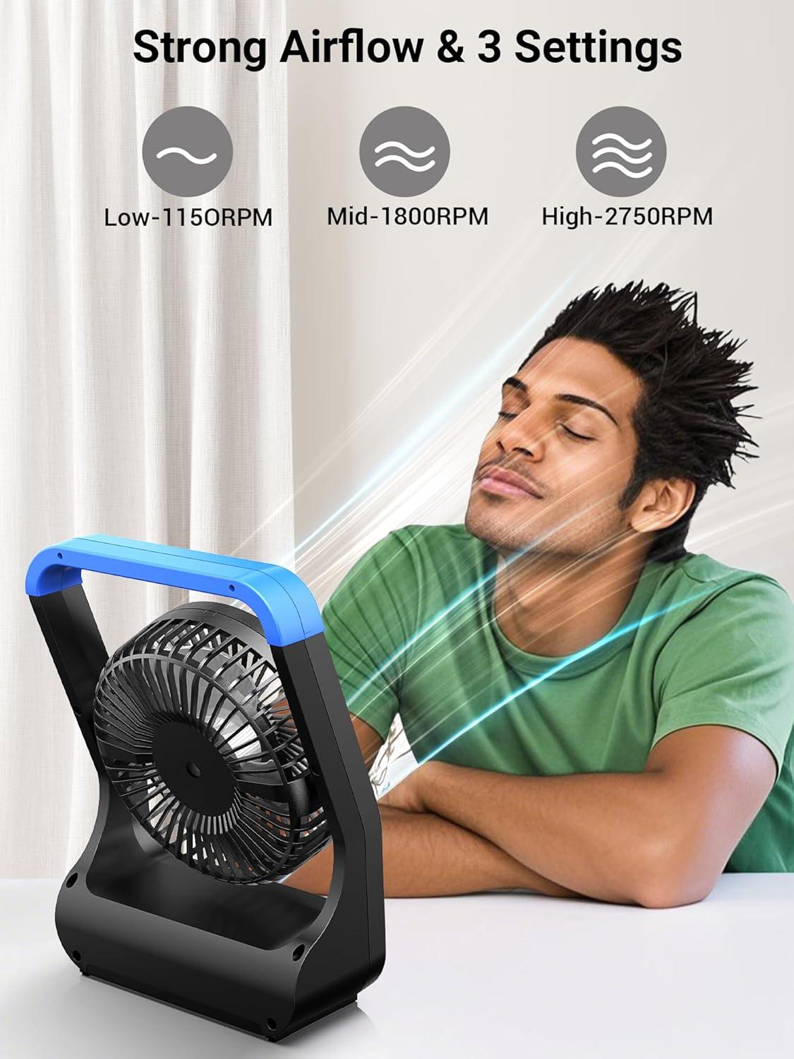 Gazeled Battery Operated Fan,Camping Fan, Super Long Lasting, Portable D-Cell Battery Powered Desk Fan with Timer,3 Speeds, Quiet, 180° Rotation,Cooling Fan for Bedroom,Home,Office,Outdoor, 5'',Blue