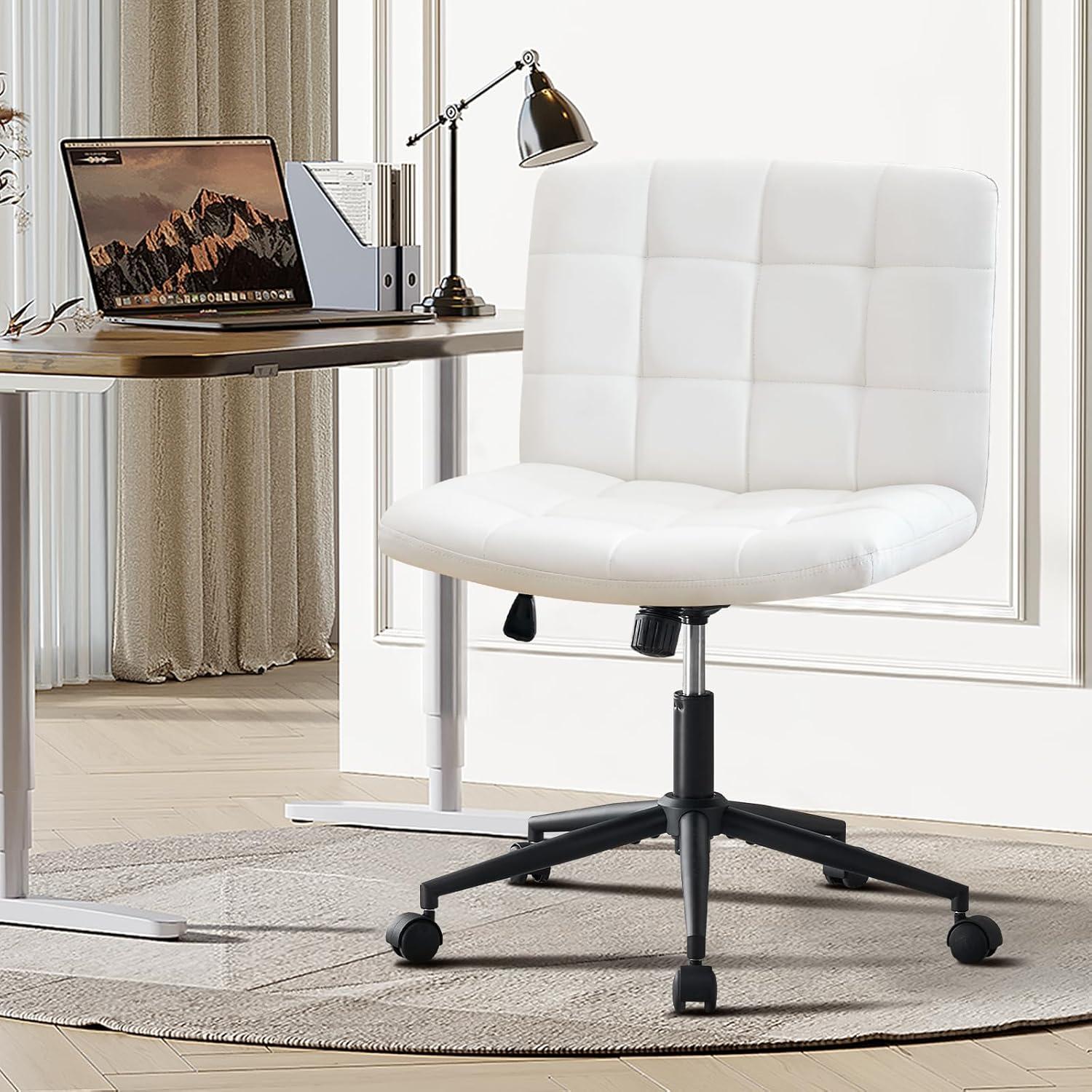 Modern Armless Home Office Chair Wide Desk Chair with Wheels Swivel Task Chair for Home Office, Bedroom. PU-Ivorywhite