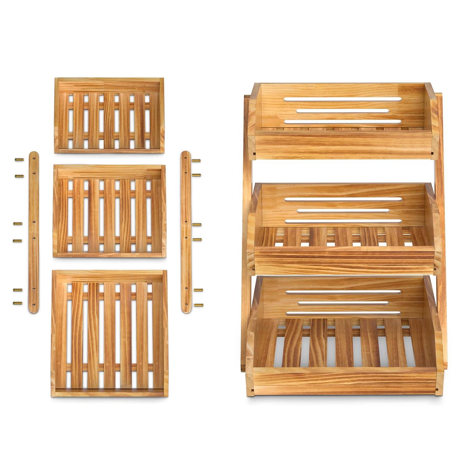 3 Tier Wooden Fruit Basket For Kitchen, Bread Vegetable Fruit Basket Bowl Stand, Farmhouse Fruit Bowl for Countertop, Large