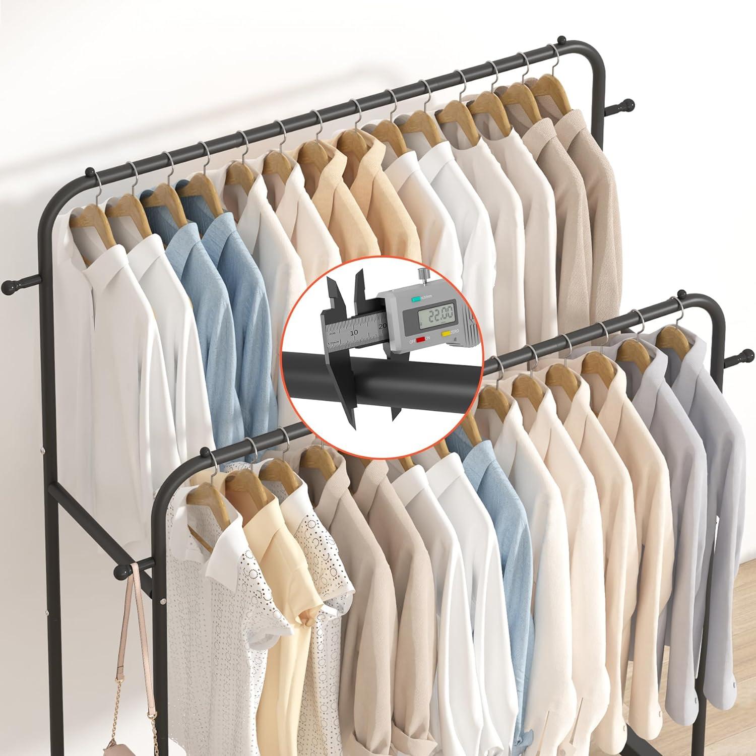 Black Double Rods Garment Rack with Wheels and Hooks