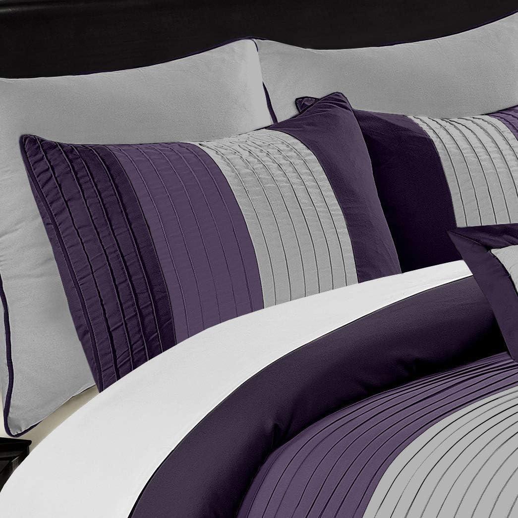 Queen Purple and Gray Striped Polyester Comforter Set