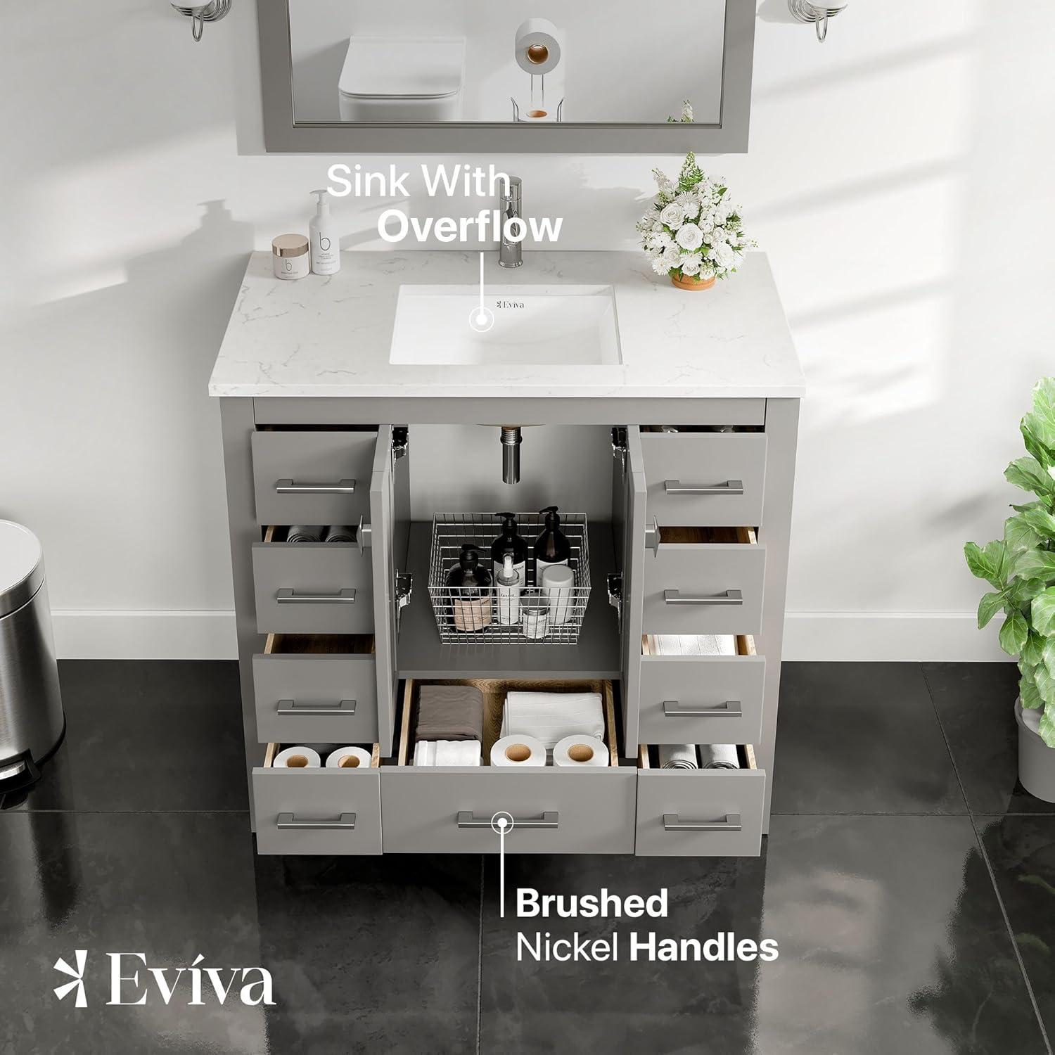 Eviva Hampton 36" Gray Transitional Bathroom Vanity w/ White Carrara Top