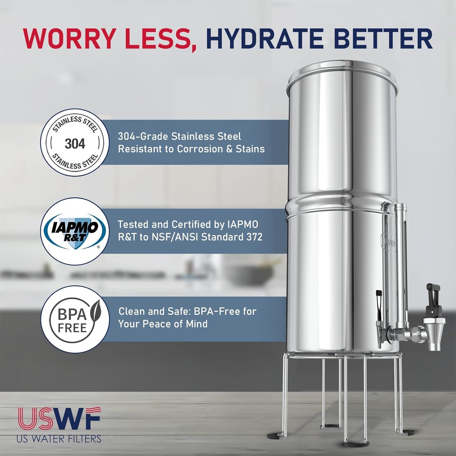 USWF Gravity Fed Water Filter System, 2.25 Gal Stainless Steel, w/ 2 Carbon Filters, Portable w/Metal Sight Glass Spigot & Stand, NSF/ANSI 372 Certified