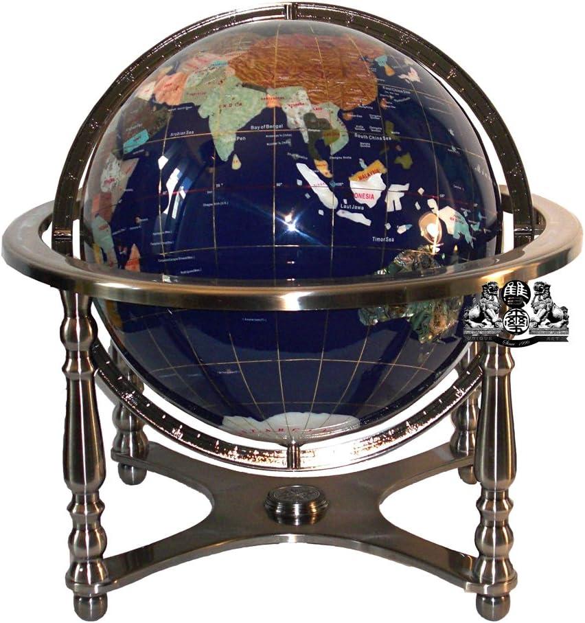 Unique Art 21-Inch Tall Blue Lapis Ocean Table Top Gemstone World Globe with 4 Leg Silver Stand