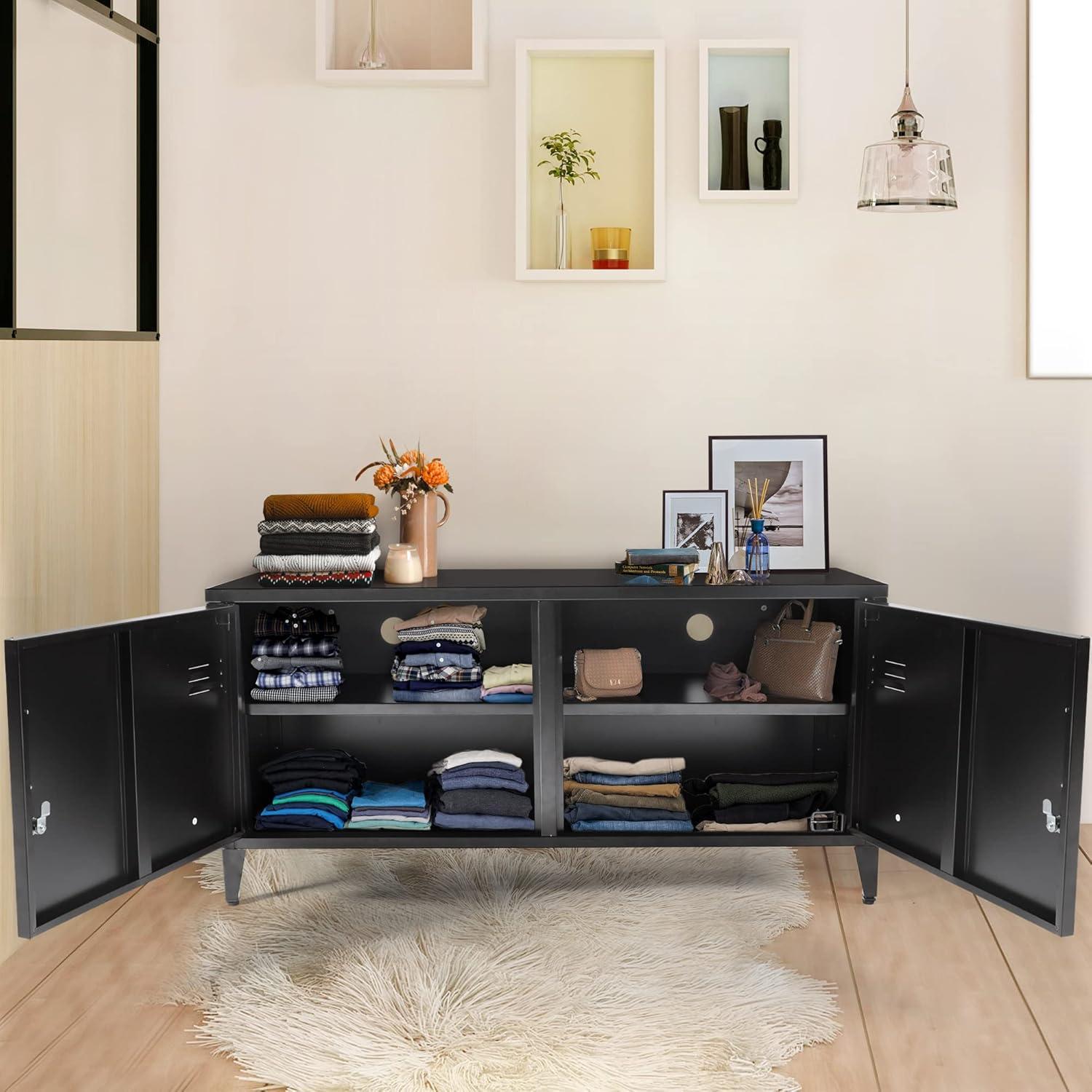 HOPUBUY Metal Storage Cabinet with Lock, Steel Locker Cabinet with Removable Shelves and 2 Locking Doors, Black Storage Cabinets for Home, Garage, Office, Bedroom