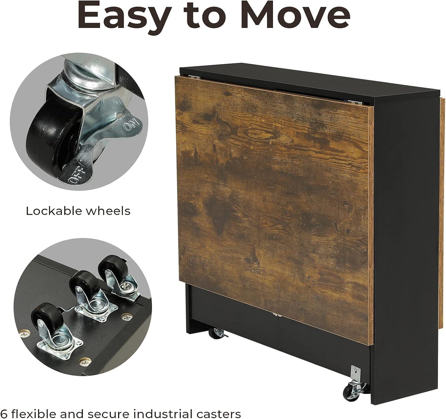 Tiptiper Folding Dining Table with 6 Wheels, Drop Leaf Tables for Small Spaces, Foldable Dining Table with 2-Layer Storage Rack, Folding Kitchen Table, Rustic Brown and Black