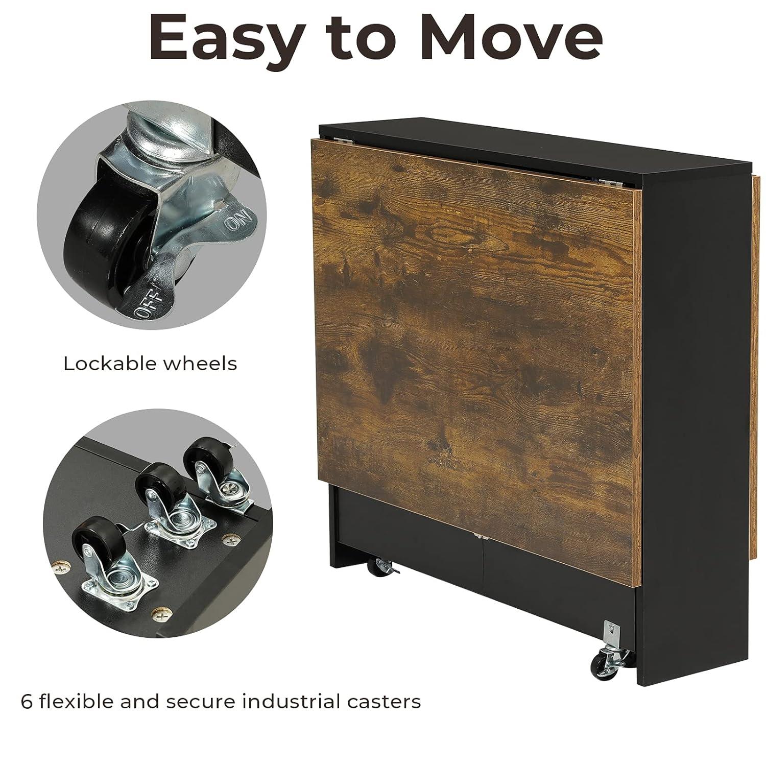 Tiptiper Folding Dining Table with 6 Wheels, Drop Leaf Tables for Small Spaces, Foldable Dining Table with 2-Layer Storage Rack, Folding Kitchen Table, Rustic Brown and Black