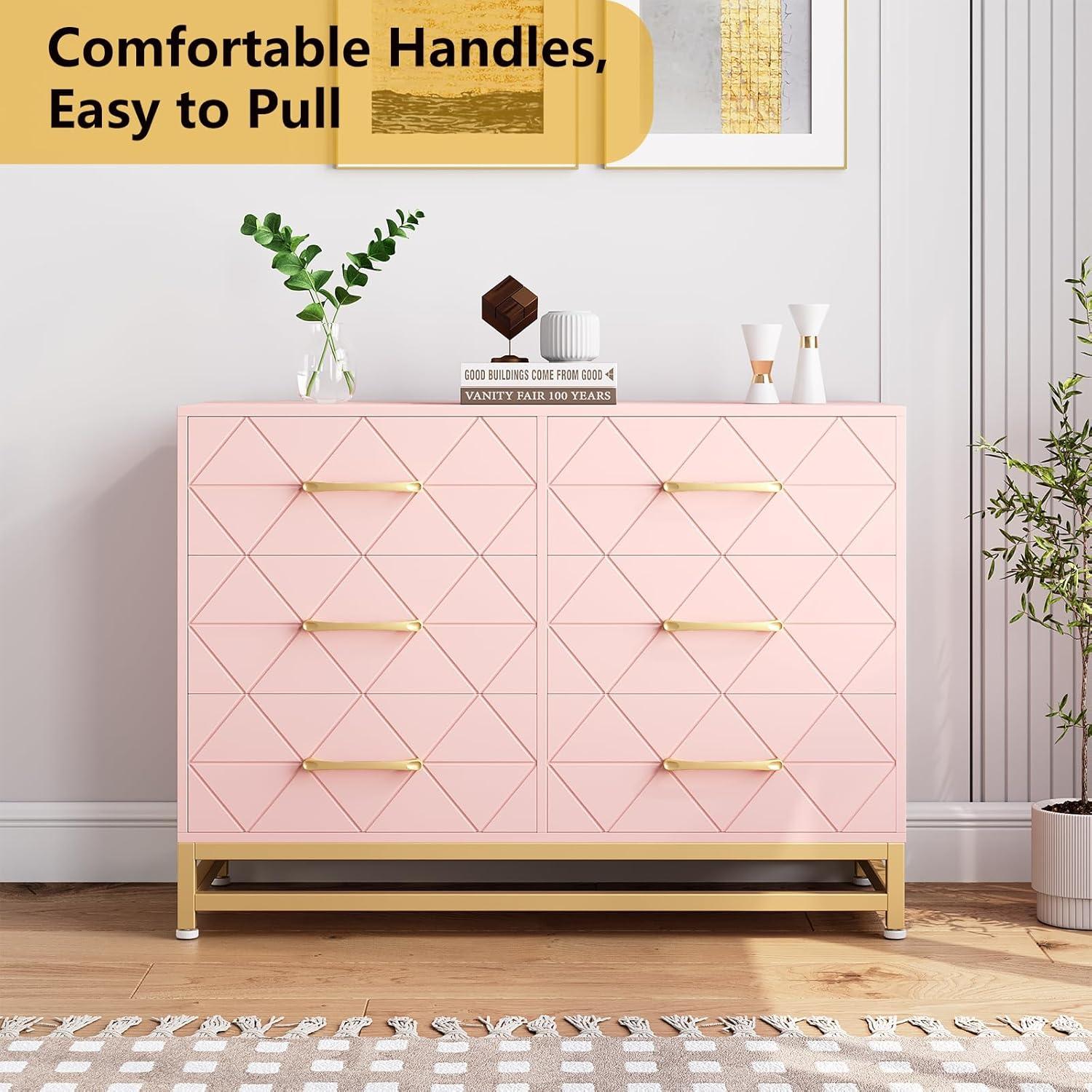 Yesurprise 6 Drawers Dresser for Bedroom TV Stand Dressers Chest of Drawers for Living Room Hallway Entryway Pink