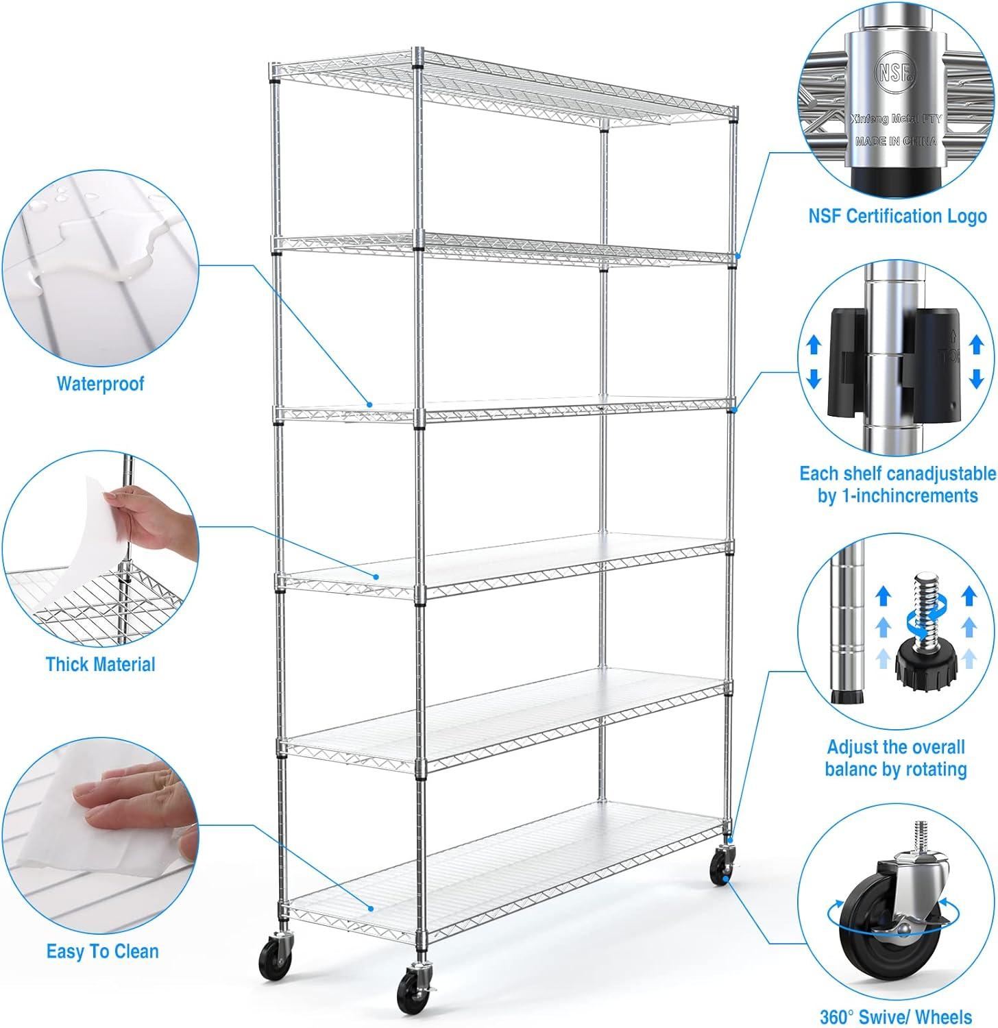 Chrome Heavy-Duty 6-Tier Adjustable Wire Storage Rack with Wheels