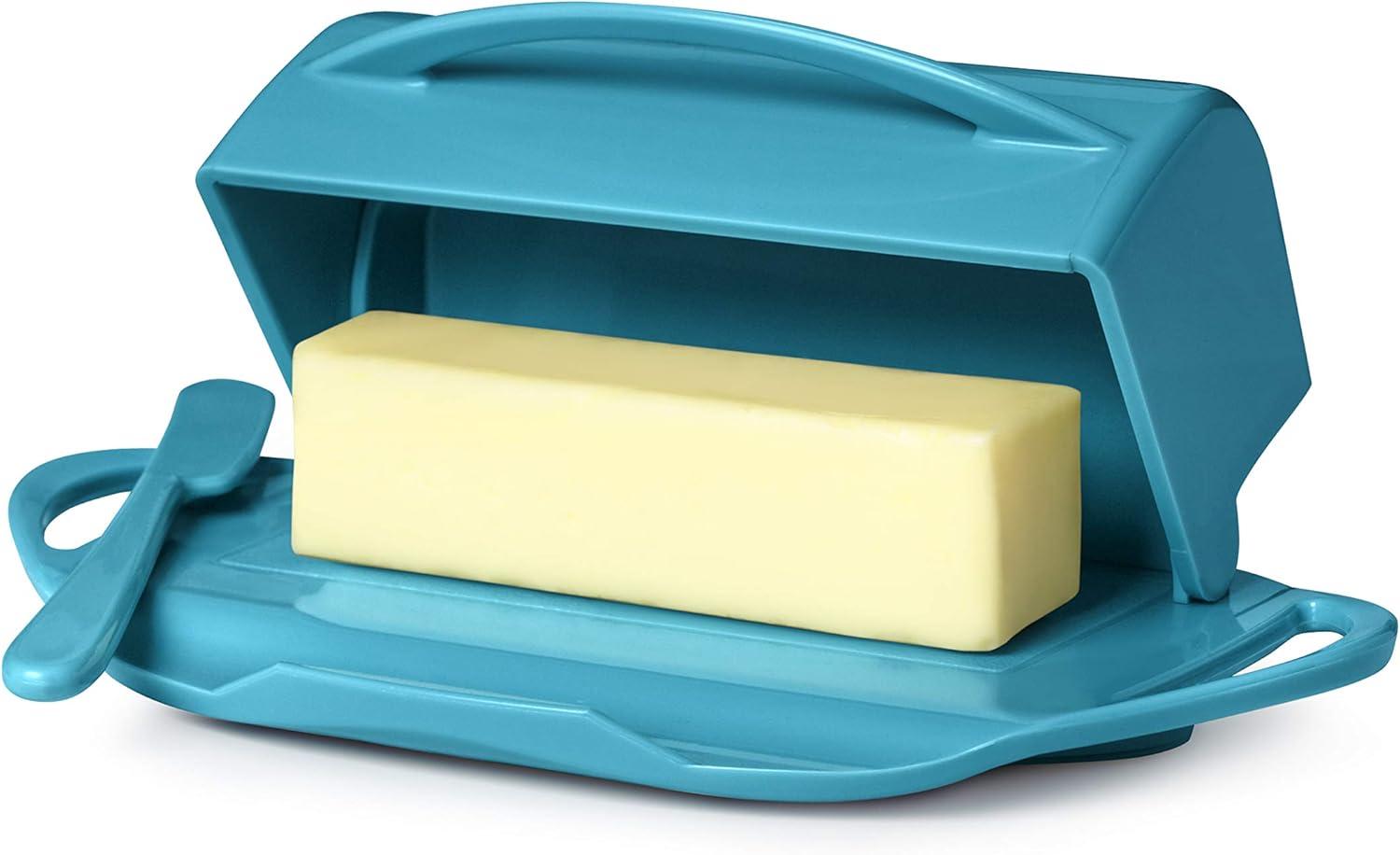 Aqua Flip-Top Butter Dish with Matching Spreader