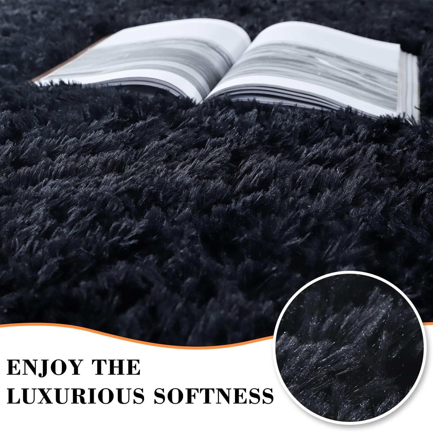 HT Design Rectengular Shag Area Rug, 5x7 Solid Color Low Pile Shag, Easy to clean, Pet Friendly, Soft Nursery Runner Rug for Living Rooms, Bedrooms, Black