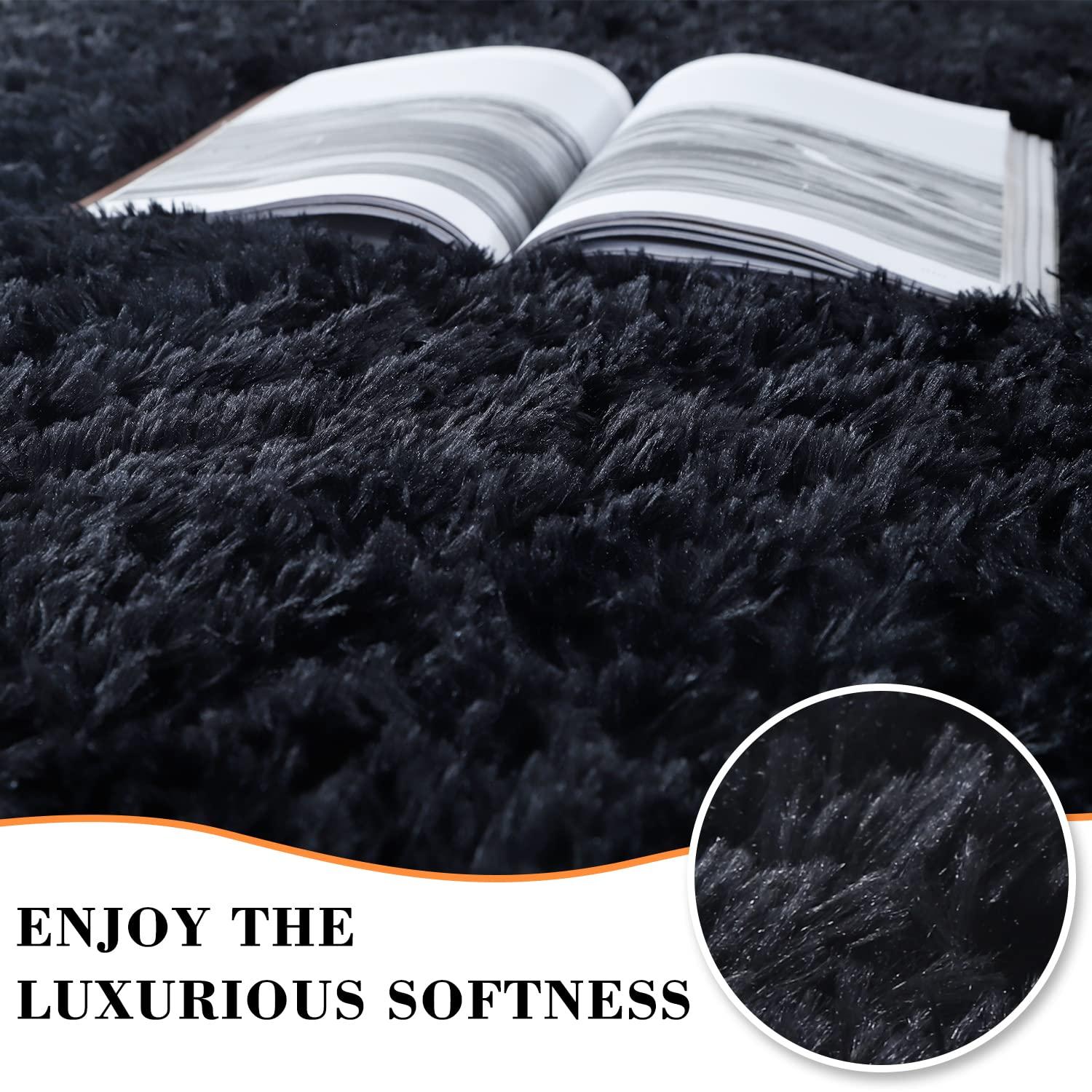 HT Design Rectengular Shag Area Rug, 5x7 Solid Color Low Pile Shag, Easy to clean, Pet Friendly, Soft Nursery Runner Rug for Living Rooms, Bedrooms, Black