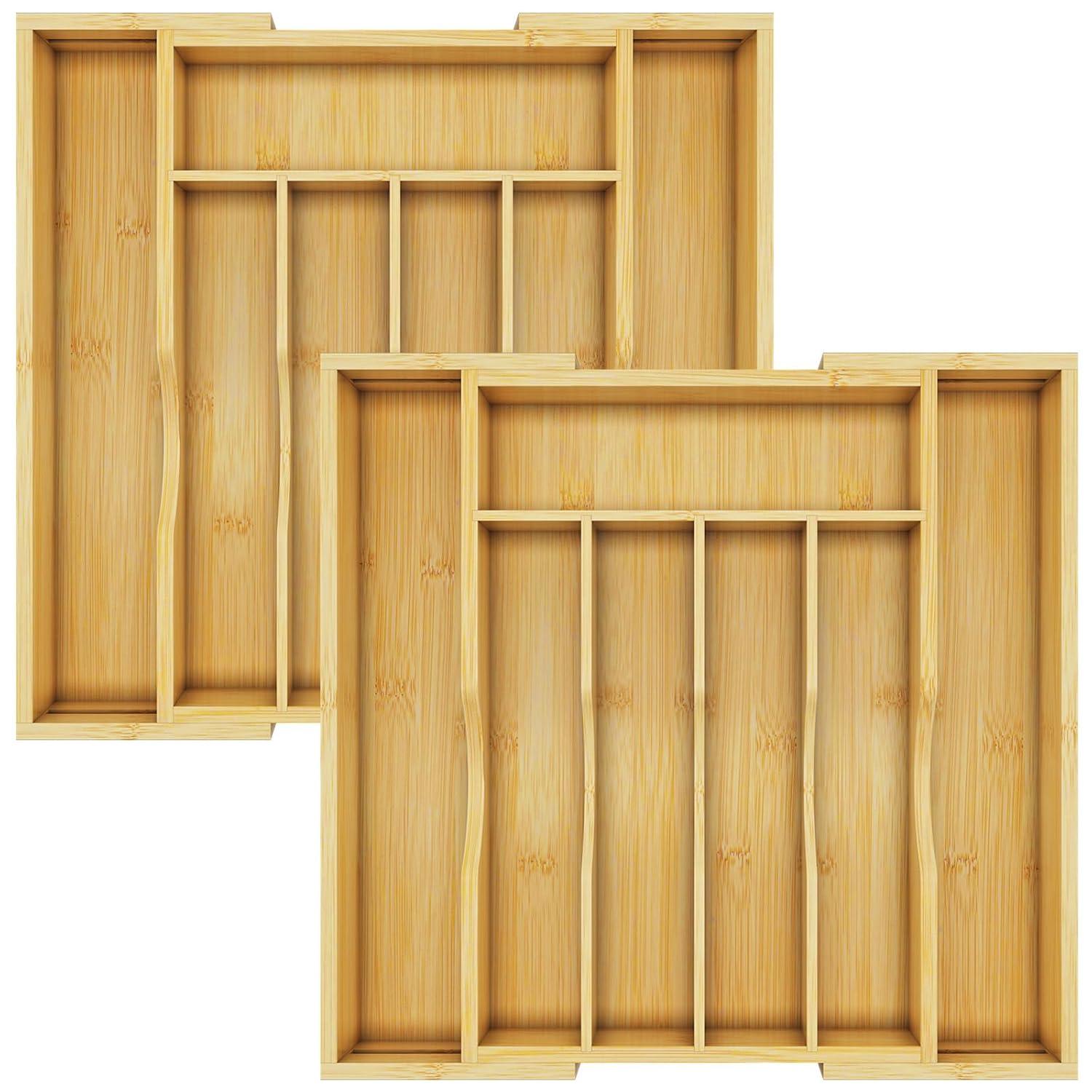 BAMBUROBA Bamboo Kitchen Drawer Organizer,Expandable Silverware Organizer,2 Pack Utensil Holder and Cutlery Tray with 7 Slots,Gadgets Storage Divider,Natural