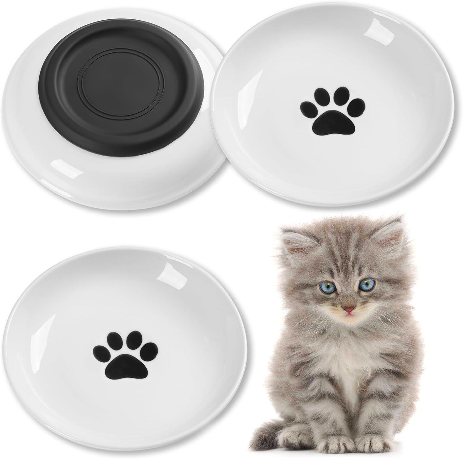 Cat Food Bowls, Whisker Friendly Ceramic Cat Bowls with Nonslip Silicone Bottom, Pack of 3 Quiet Cat Dishes and Plates for Feeding Indoor Cats, Kittens and Small Dogs-Style 1