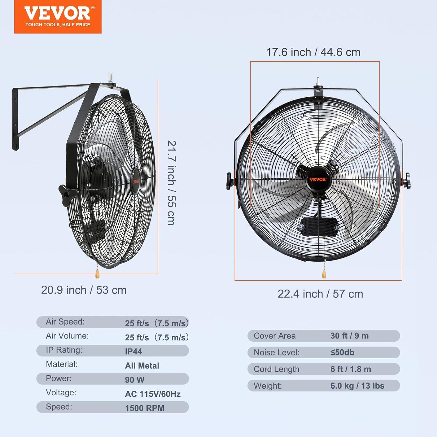 VEVOR 18'' Black Industrial Wall Mount Fan with Aluminum Blades