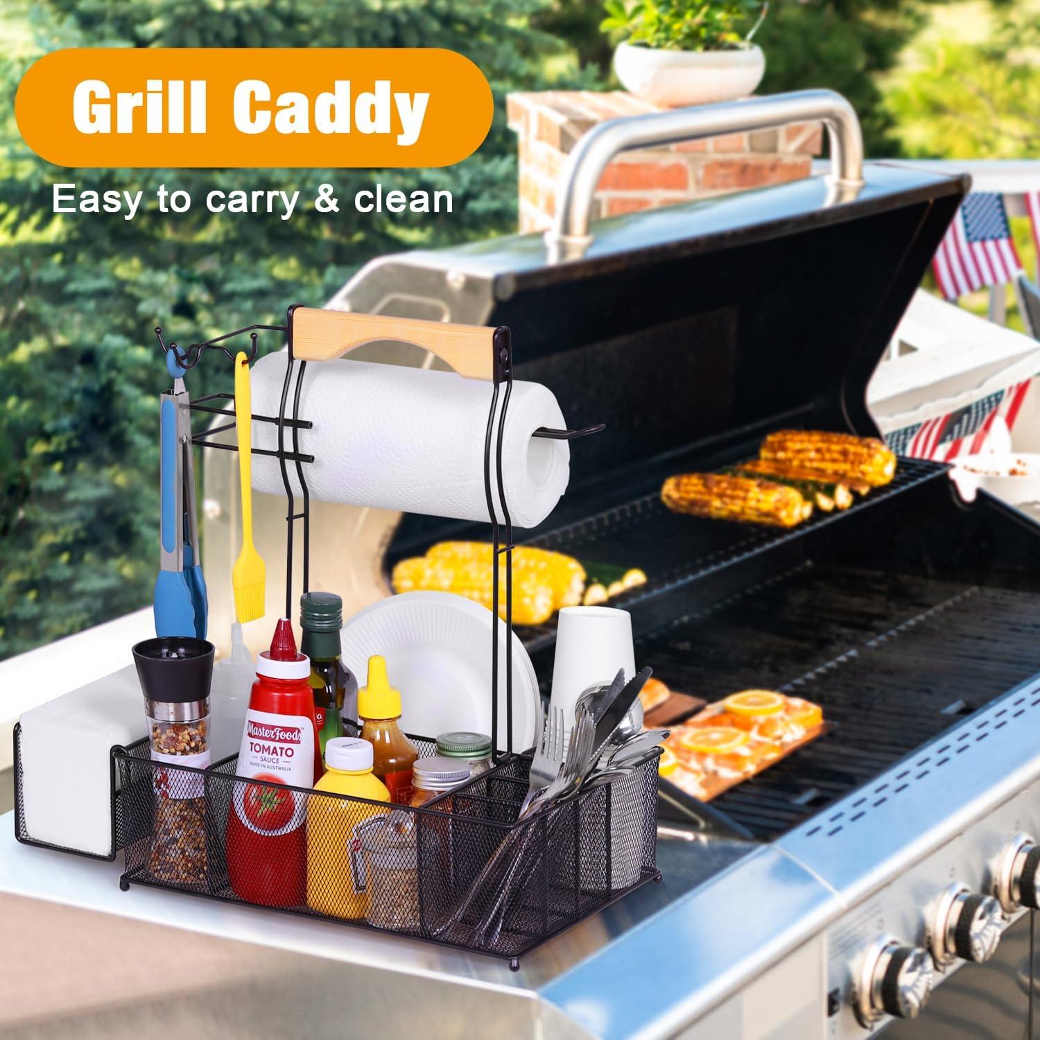 URBAN DECO  Grill Caddy and BBQ Caddy with Paper Towel Holder, Picnic Condiment Utensil Caddy for Outdoor Camping,  Ideal Storage Organizer for Barbecue Accessories Griddle Grilling Tool