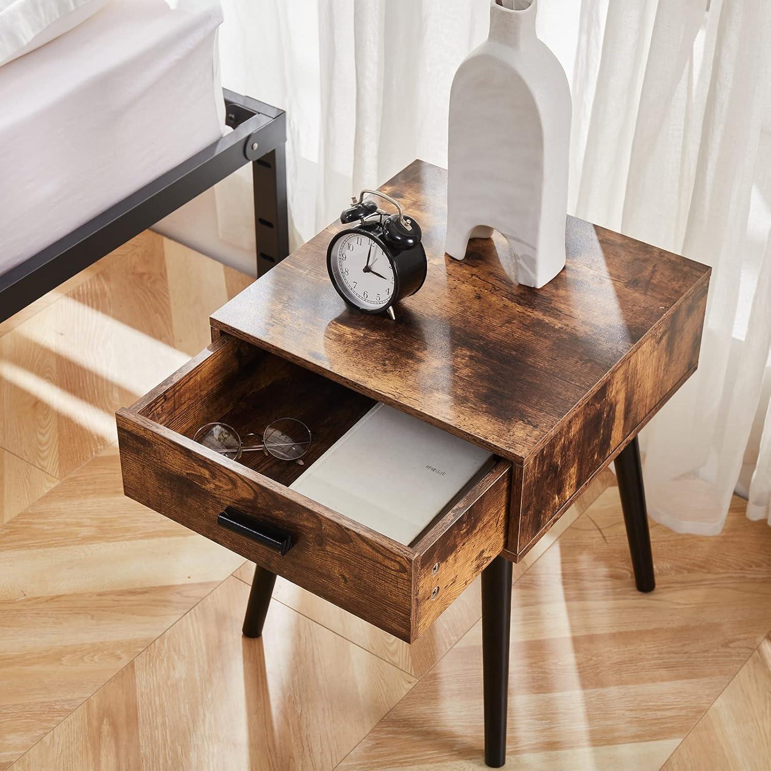 Rustic Brown Wood Nightstand with Drawer and Black Legs