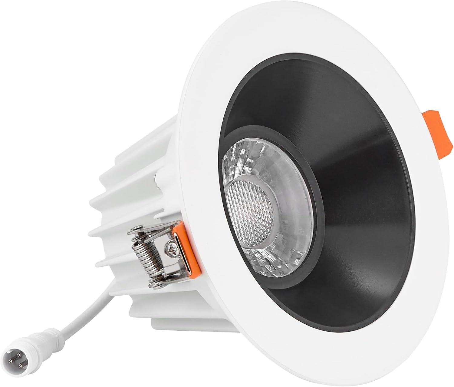 Maxxima 4 in. Slim Round Recessed Anti-Glare LED Downlight, White Trim Black Baffle, Canless IC Rated, 1200 Lumens, 5 CCT 2700K-5000K