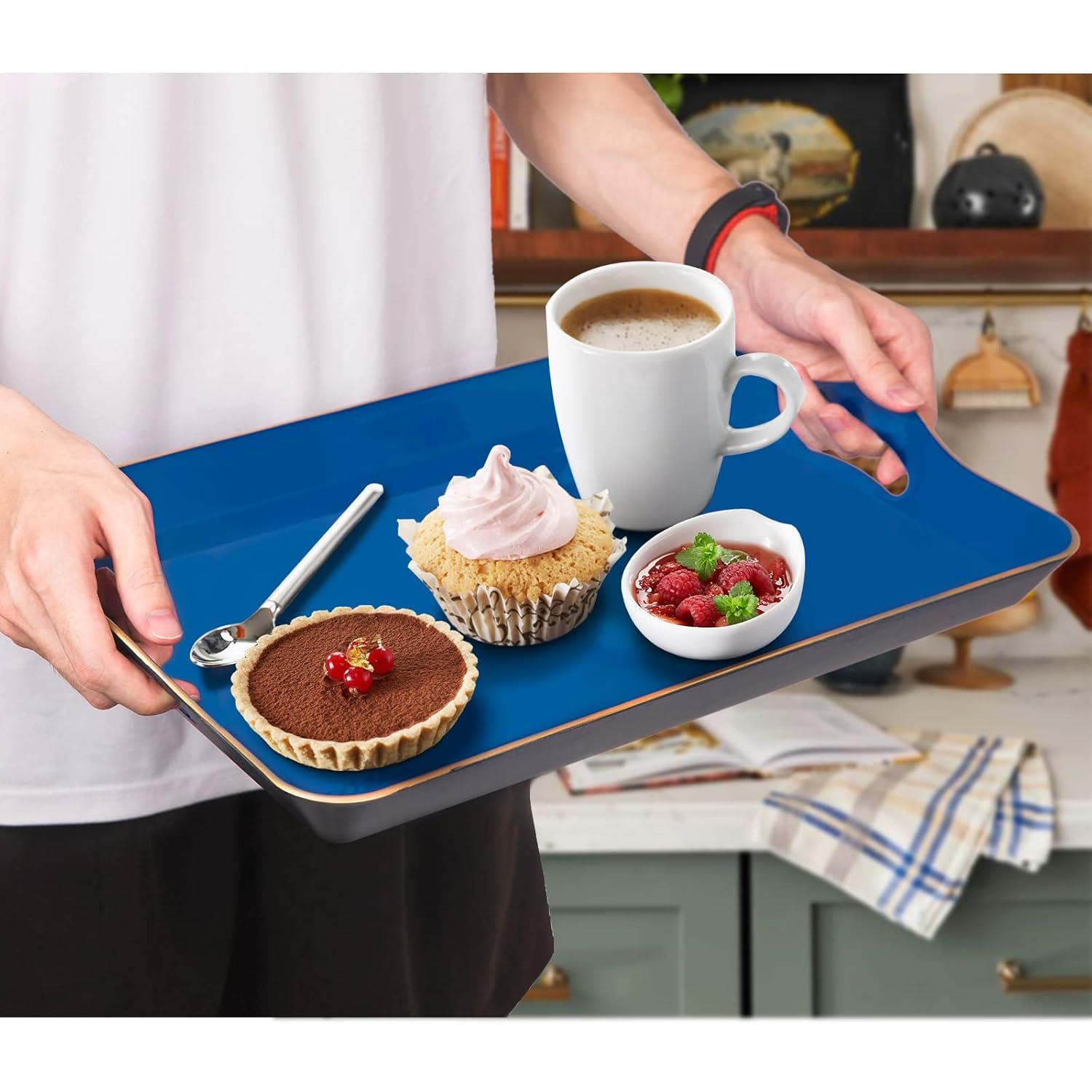 MAONAME Melamine Serving Tray with Handles, Royal Blue Modern Decorative Tray, Rectangular Plastic Tray for Coffee Table, Large Ottoman Tray for Bedroom, Living Room, 17" x 11.8" x 2"