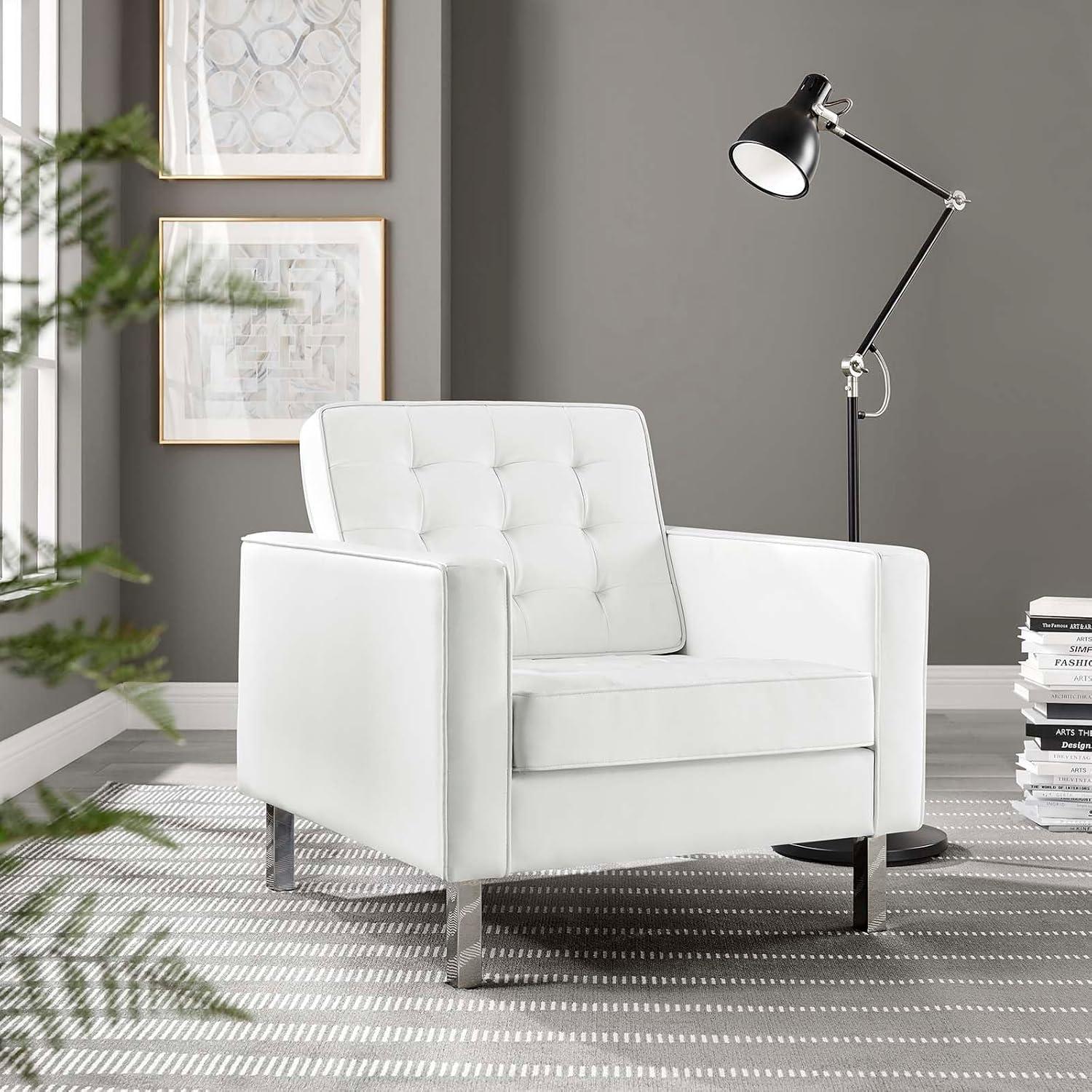 Modway Loft Tufted Vegan Leather Upholstered Living Room Armchair in Silver White