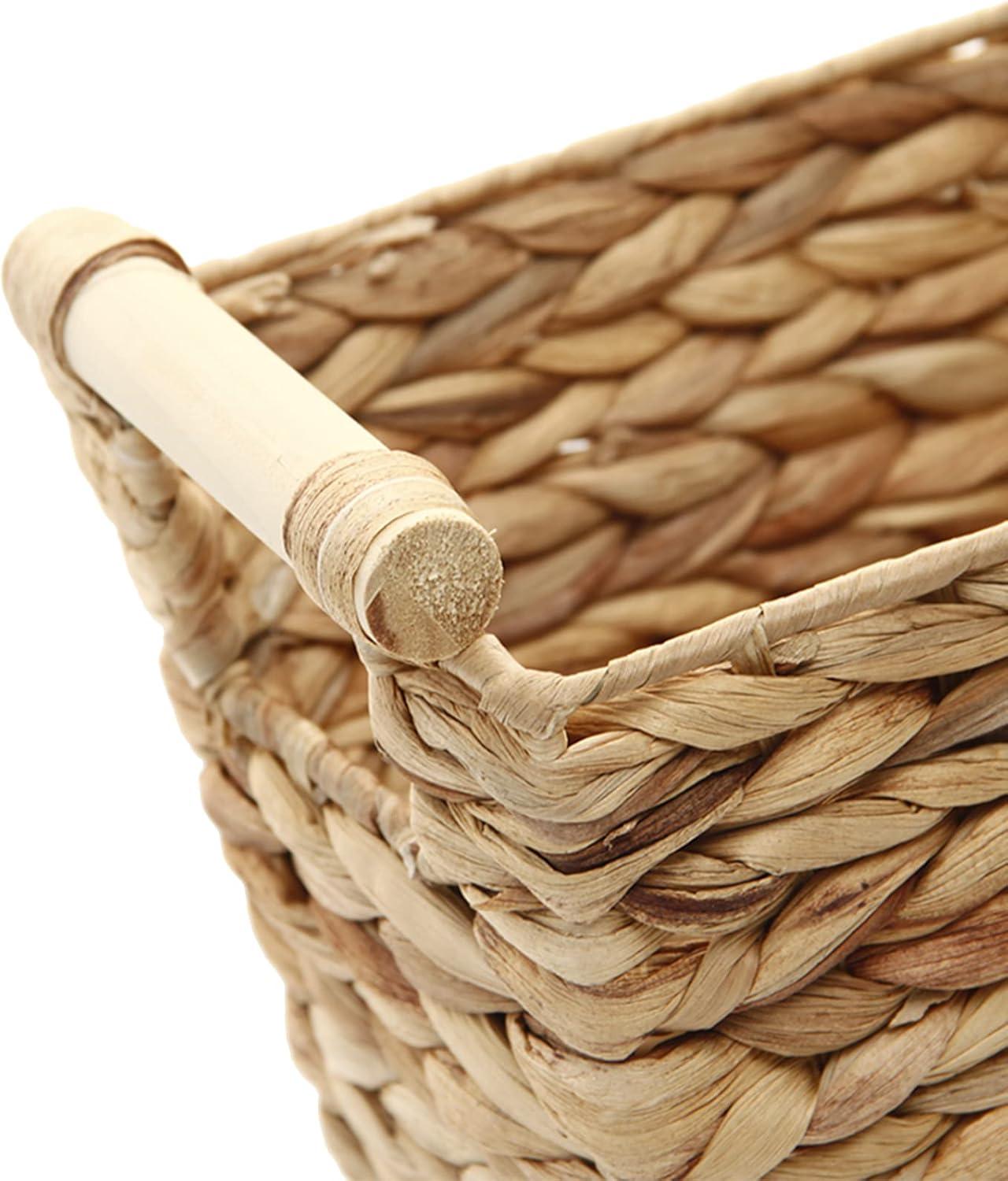 Handmade Water Hyacinth Woven Storage Basket with Wood Handles