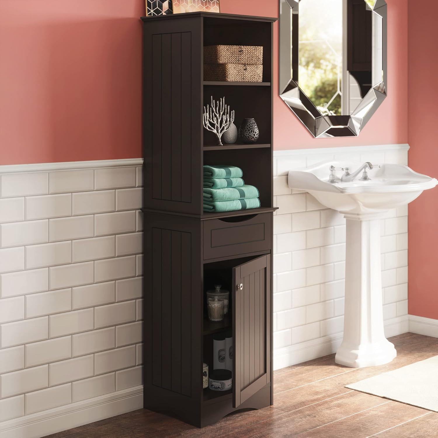 RiverRidge Ashland Tall Bathroom Storage Linen Cabinet and Organizer with Drawer and Shelves