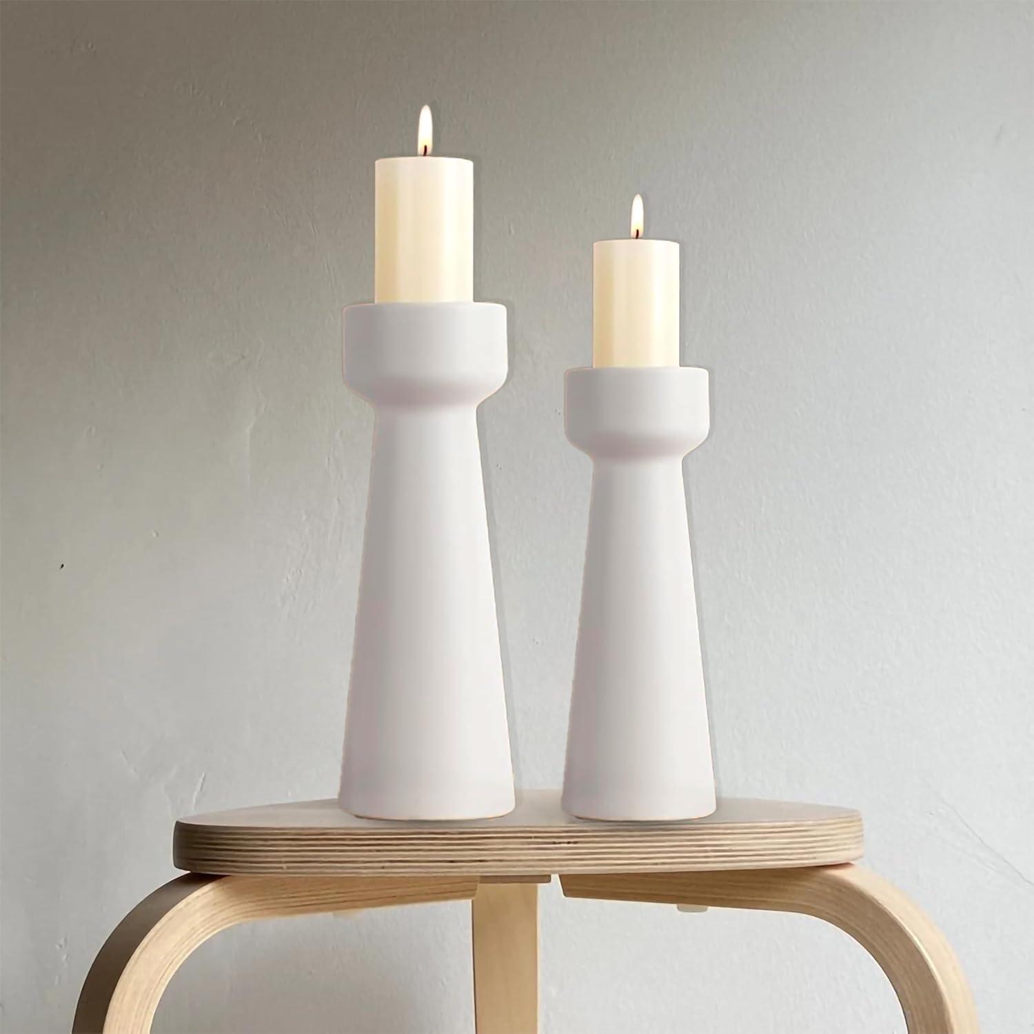 Hokku Designs Candle Holders Ceramic White Taper S&L Set Of 2 Matte Stylish Decorative Candlestick Holders