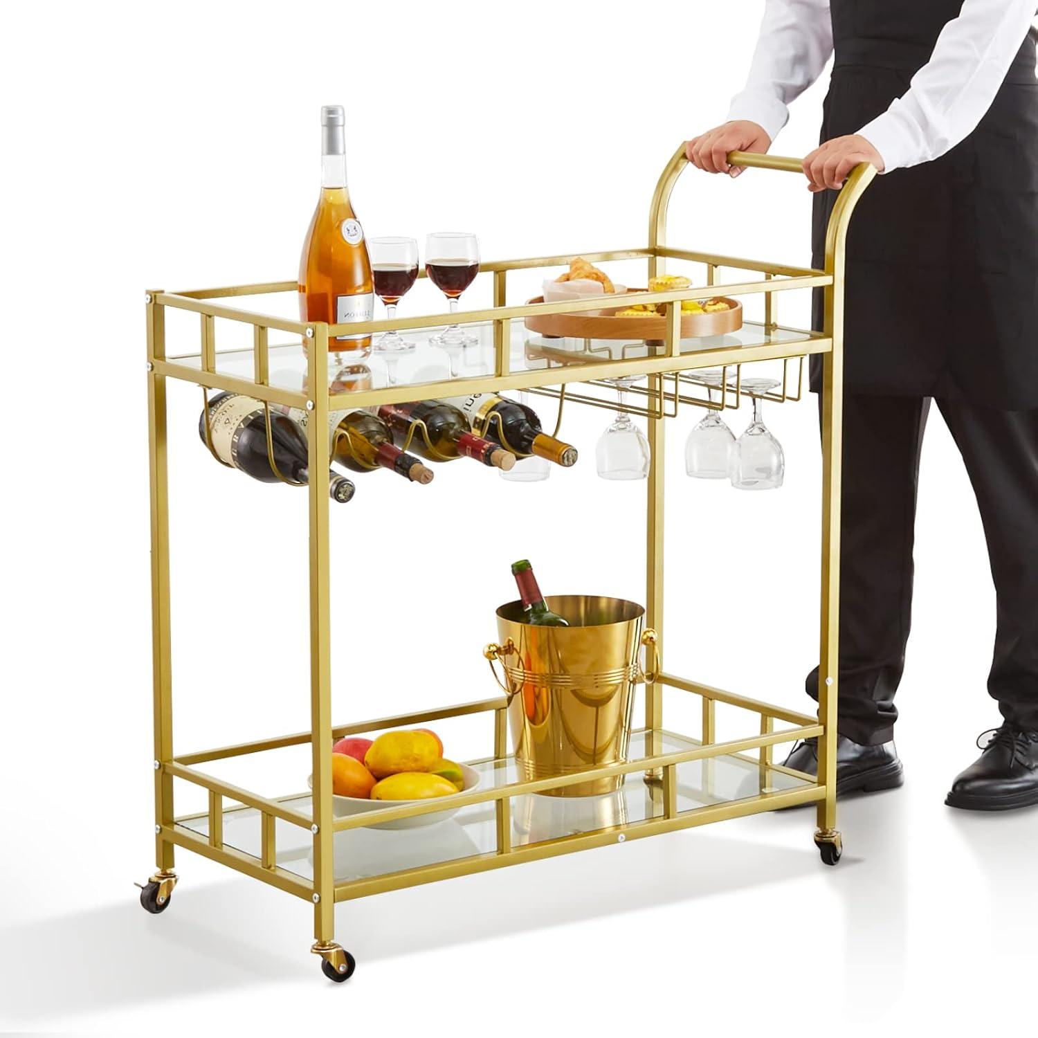 Gold Two-Tier Bar Cart with Wine Rack and Glass Shelves