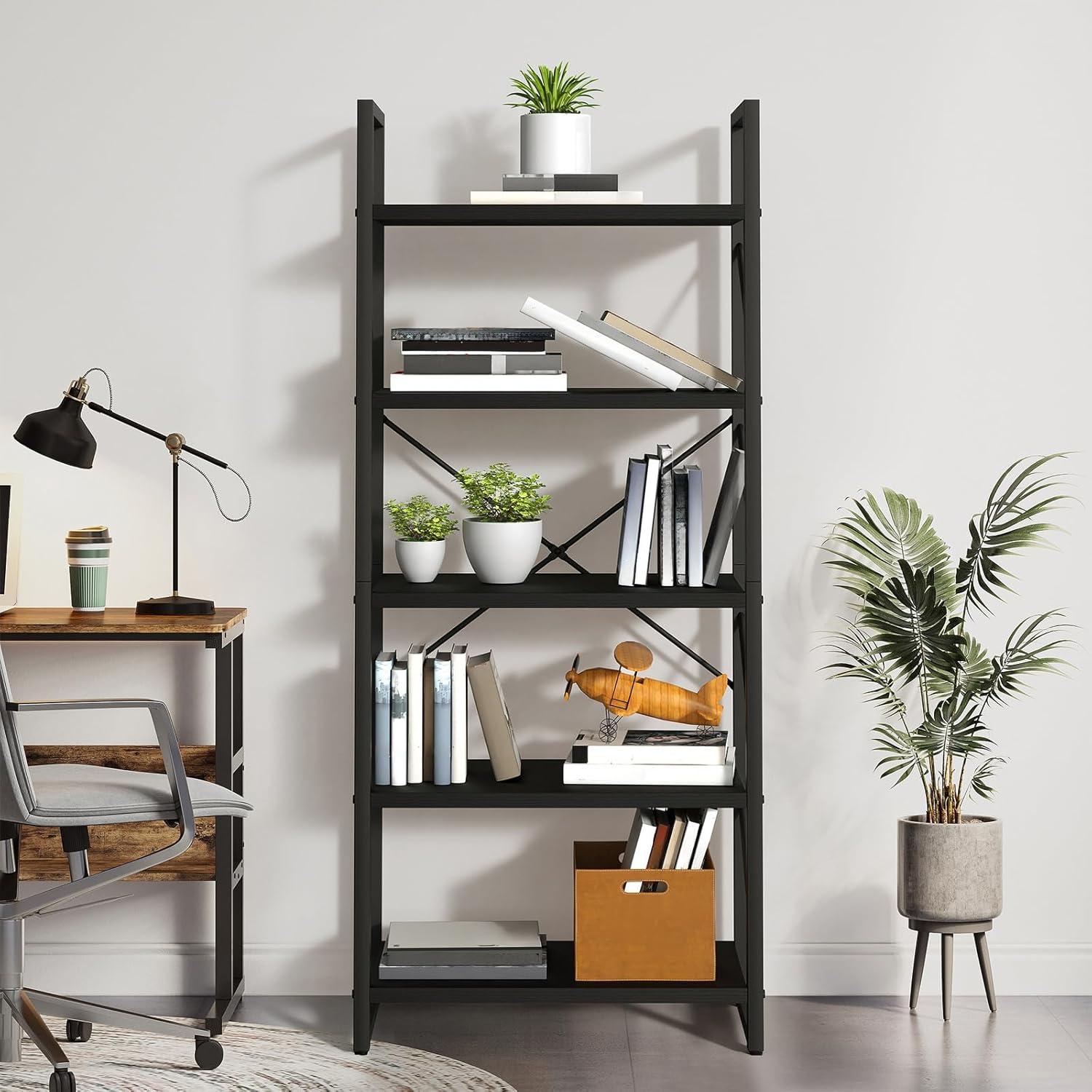 WedealFu Inc Roul Wood 5 Tiers Bookshelf Modern Bookcase Storage Rack Shelves Black