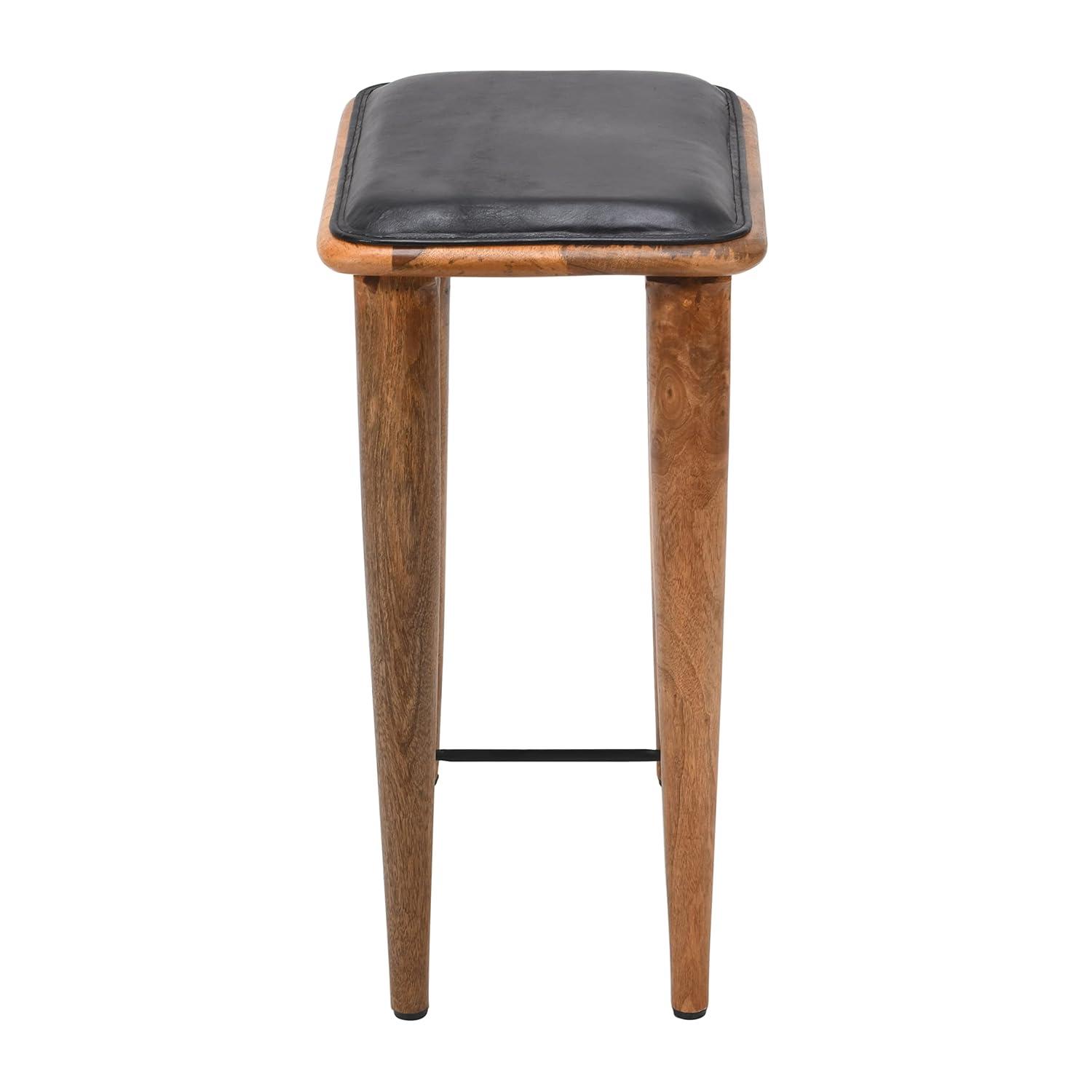 25 Inch Counter Height Bar Stool, Genuine Leather Seat, Mango Wood Frame, Black, Brown- Saltoro Sherpi