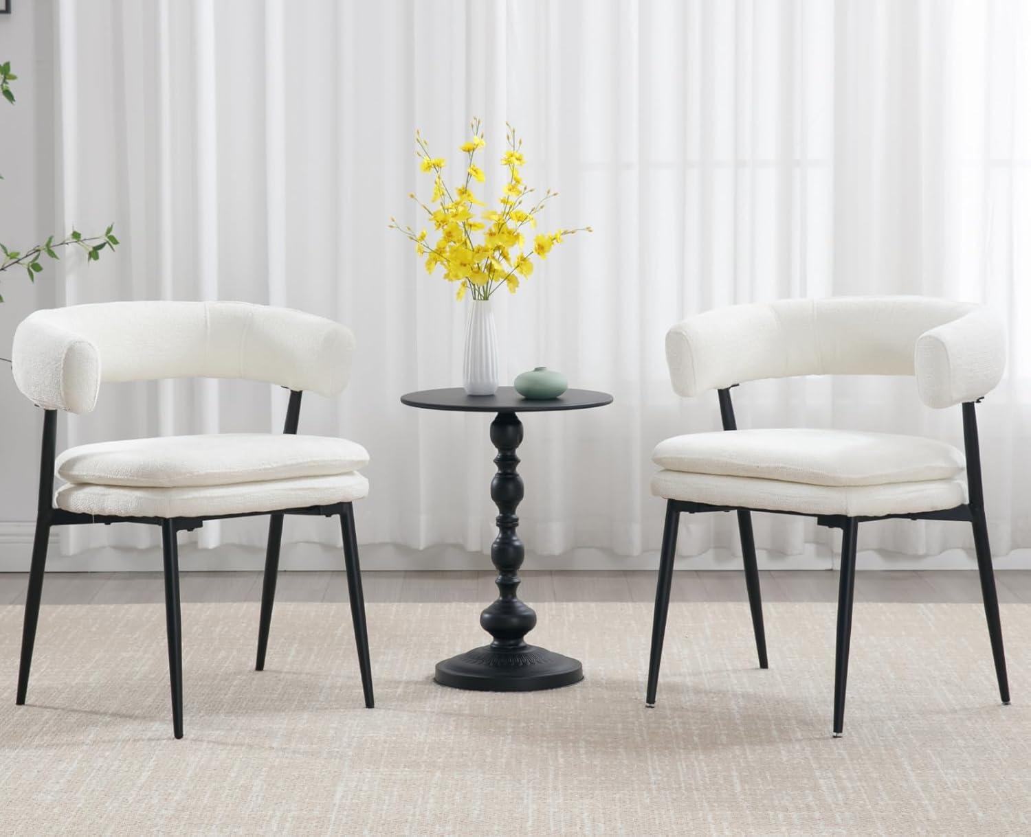 White Dining Chairs Set of 2, Boucle Dining Chairs, Upholstered Kitchen and Dining Room Chairs, Mid-Century Modern Dining Chairs with Black Metal Legs