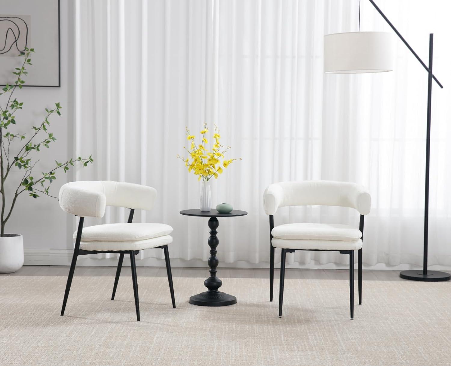 White Dining Chairs Set of 2, Boucle Dining Chairs, Upholstered Kitchen and Dining Room Chairs, Mid-Century Modern Dining Chairs with Black Metal Legs