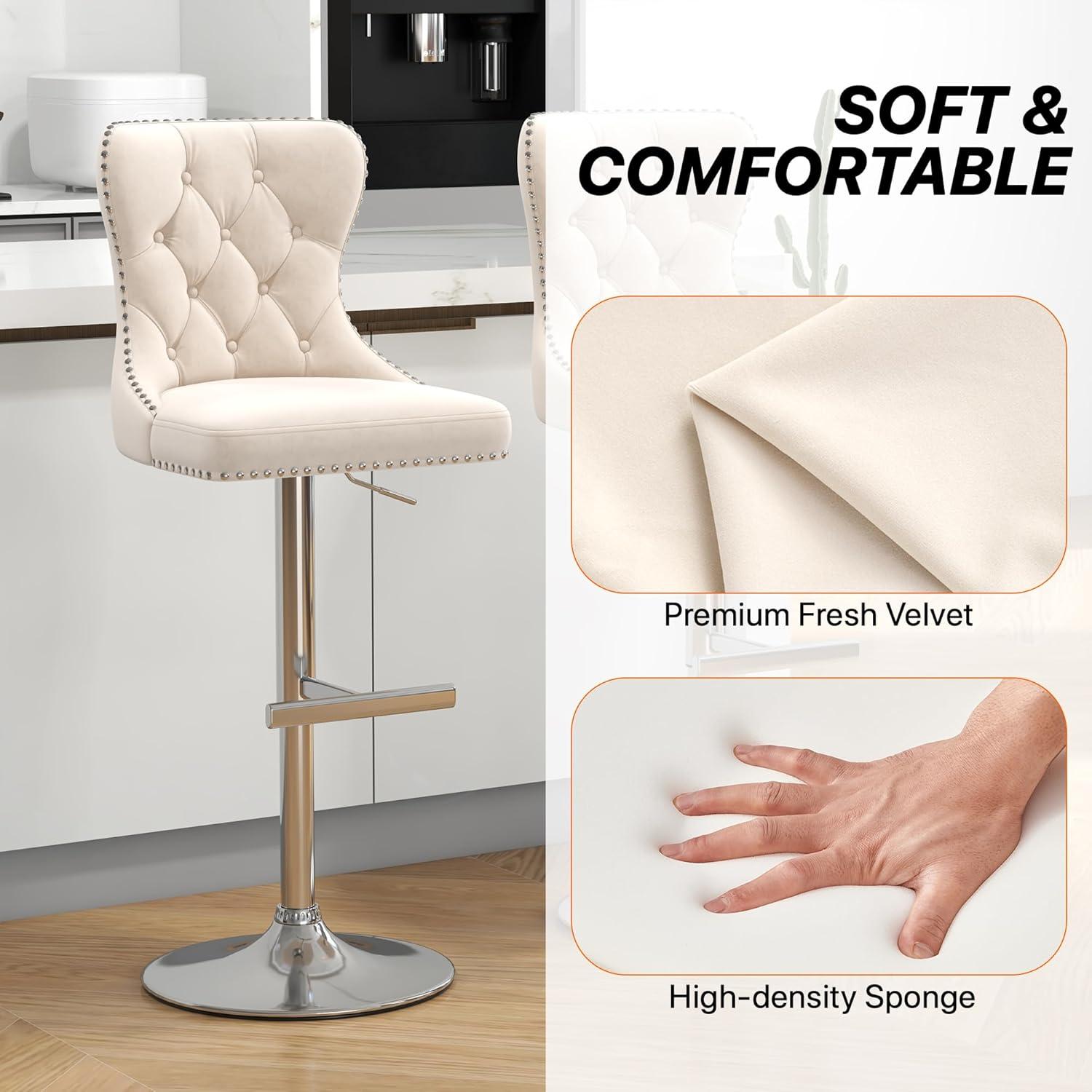 Swivel Bar Stools Set of 2, Height Adjustable Dining Chairs with Rivets, Button Tufted Back and Metal Footrest, Velvet Upholstered Side Chairs, Armless Chairs for Dining Room Bar Kitchen Island