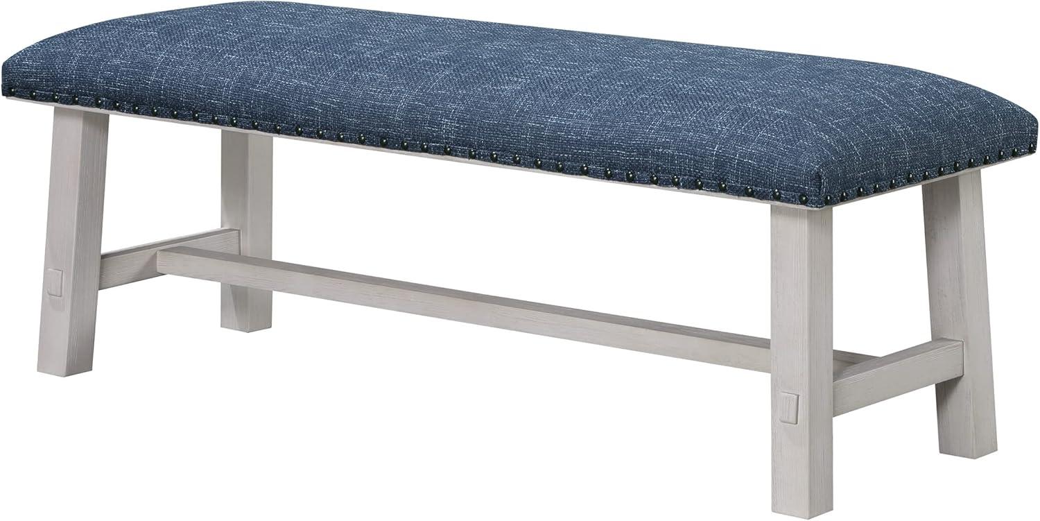 Callen Bench with White Wash Frame and Bronze Nailhead Trim in Navy Fabric