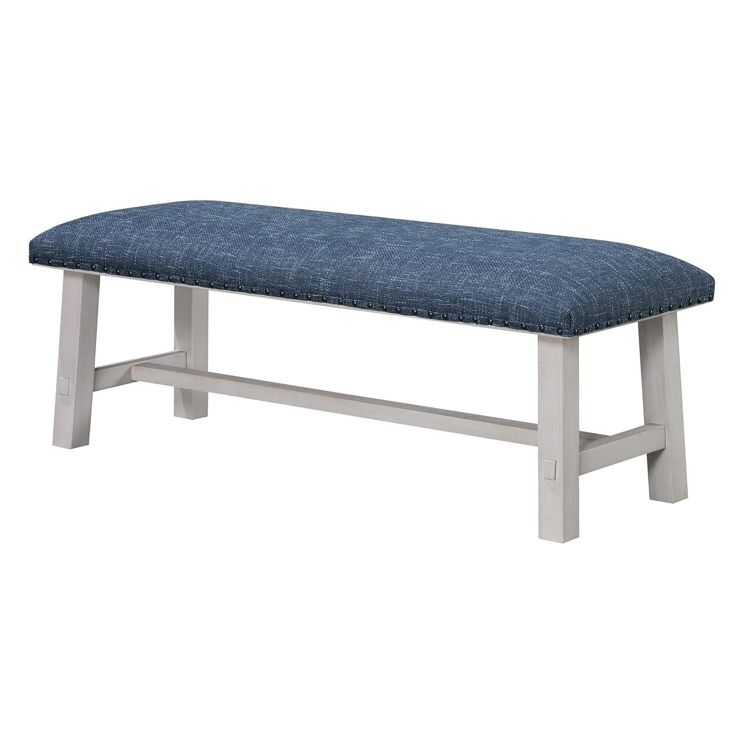 Callen Bench with White Wash Frame and Bronze Nailhead Trim in Navy Fabric